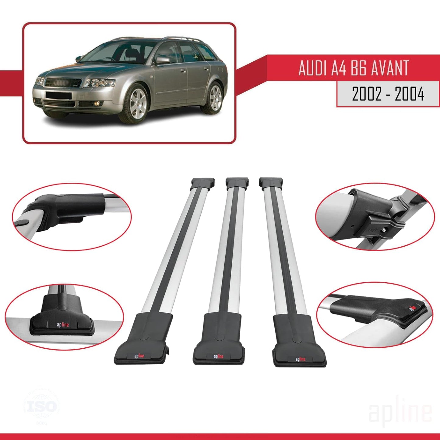 Compatible with Audi A4 (B6) Avant 2002-2004 Fly Model Car Roof Rack Cross Bar Grey Aluminium 3 Bars