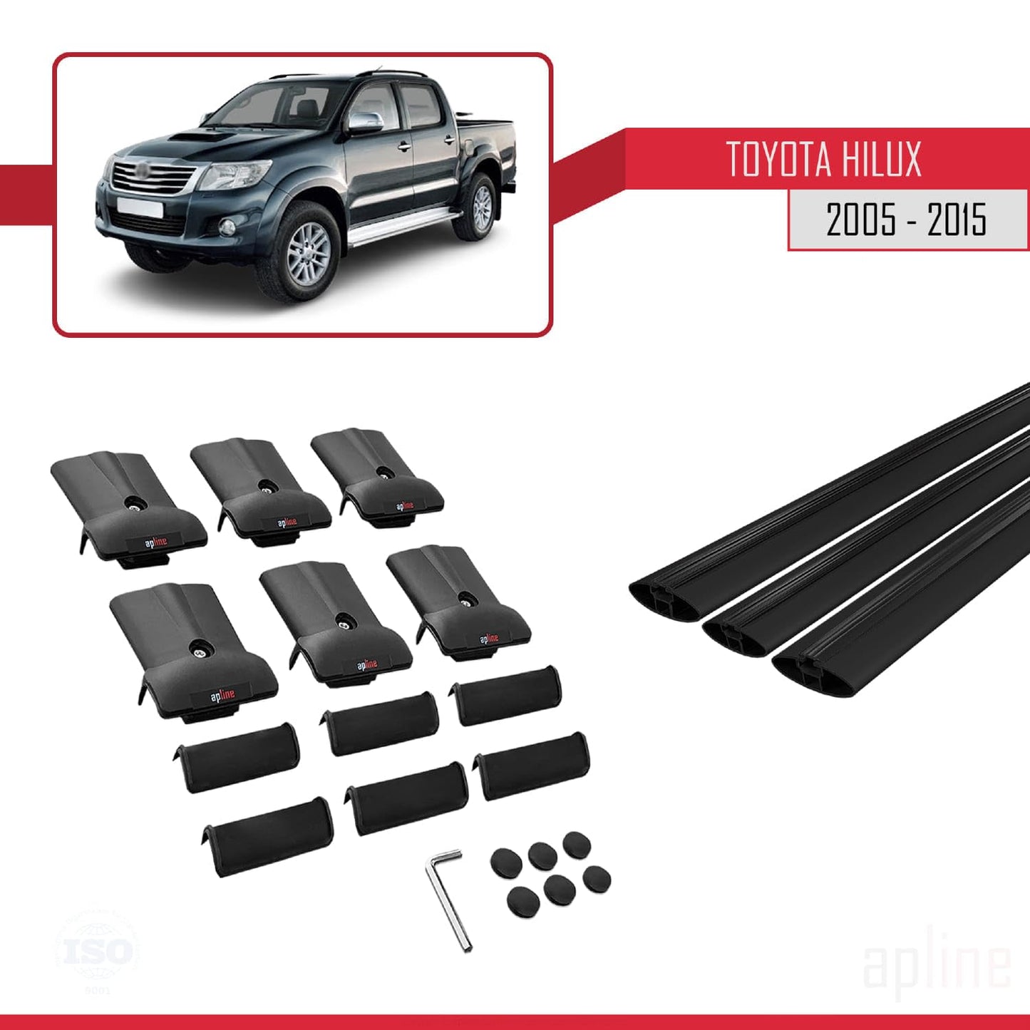 Compatible with Toyota Hilux 7 (AN30) 2005-2015 Fly Model Car Roof Rack Cross Bar Black Aluminium 3 Bars