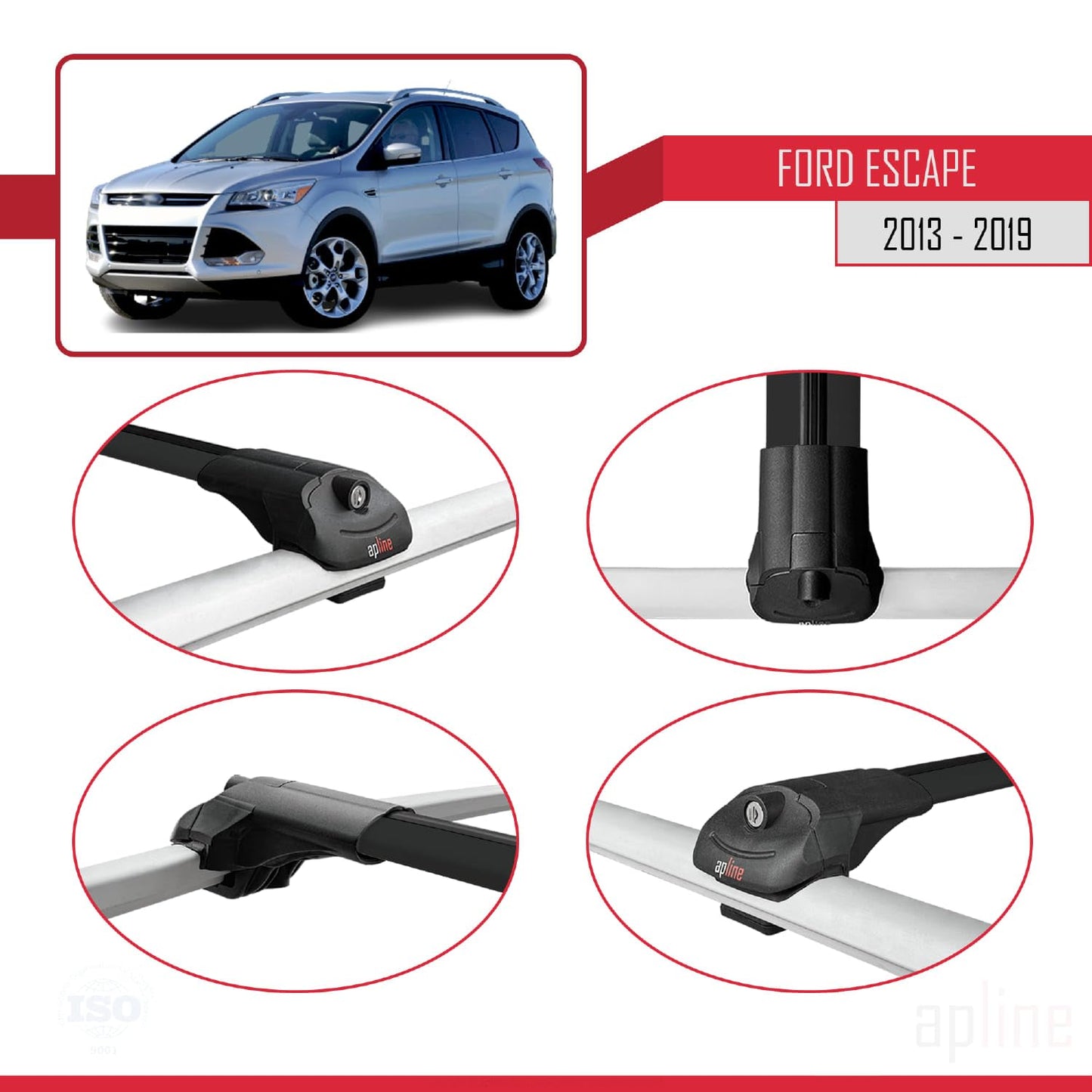 Compatible with Ford Escape 3 2013-2019 ACE-1 Car Roof Rack Cross Bar Black Aluminium 2 Bars