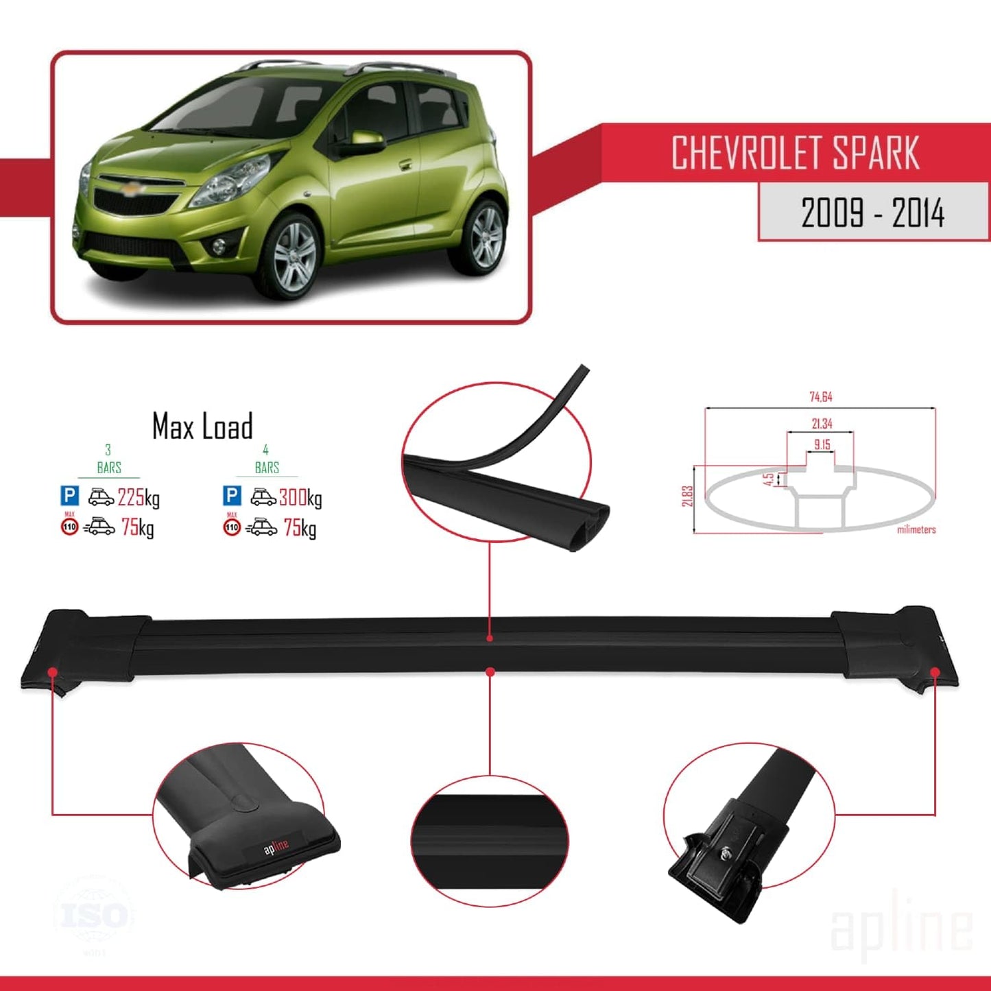 Compatible with Chevrolet Spark (M300) 2009-2014 Fly Model Car Roof Rack Cross Bar Black Aluminium 3 Bars