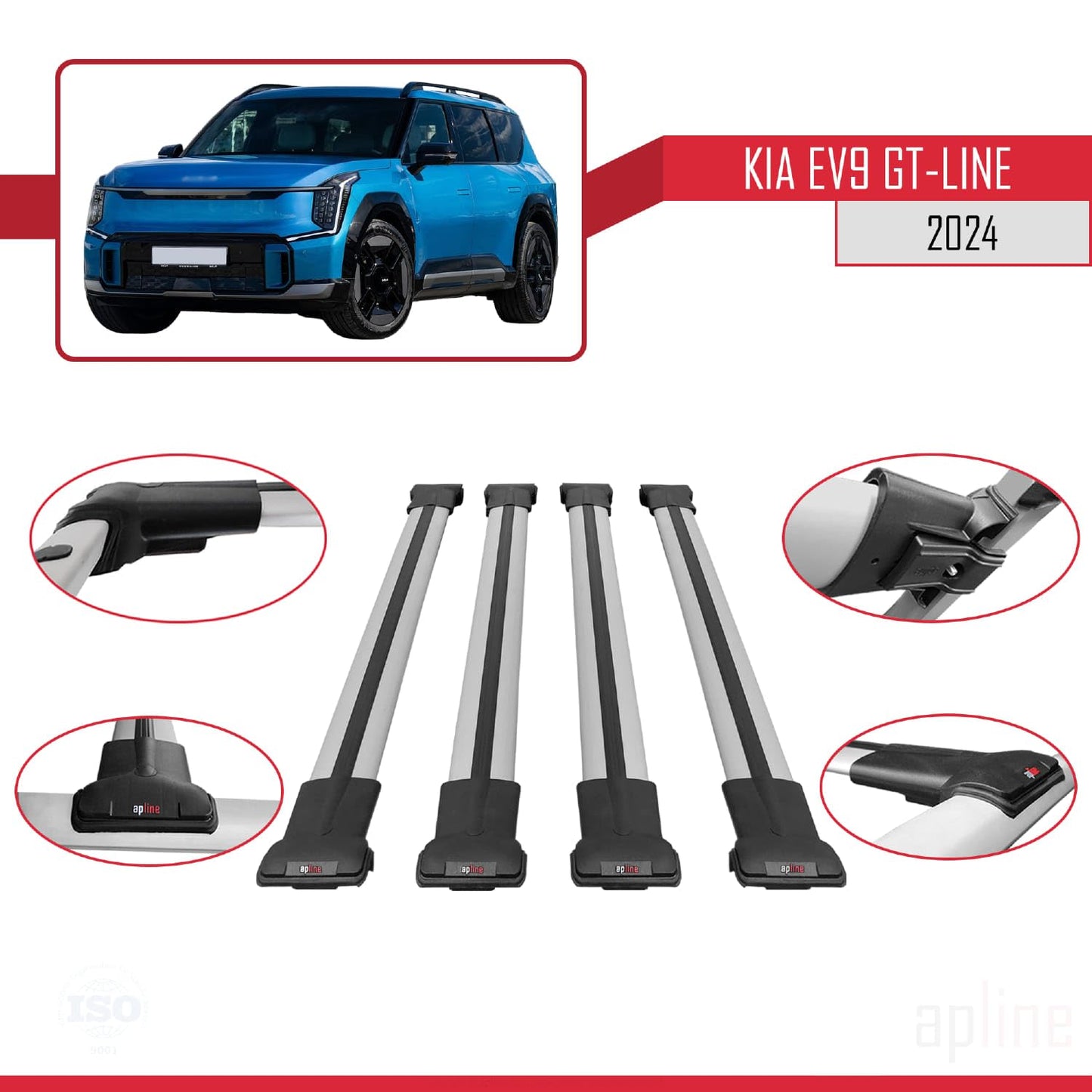 Compatible with KIA EV9 GT-LINE 2024-2025 Fly Model Car Roof Rack Cross Bar Grey Aluminium 4 Bars