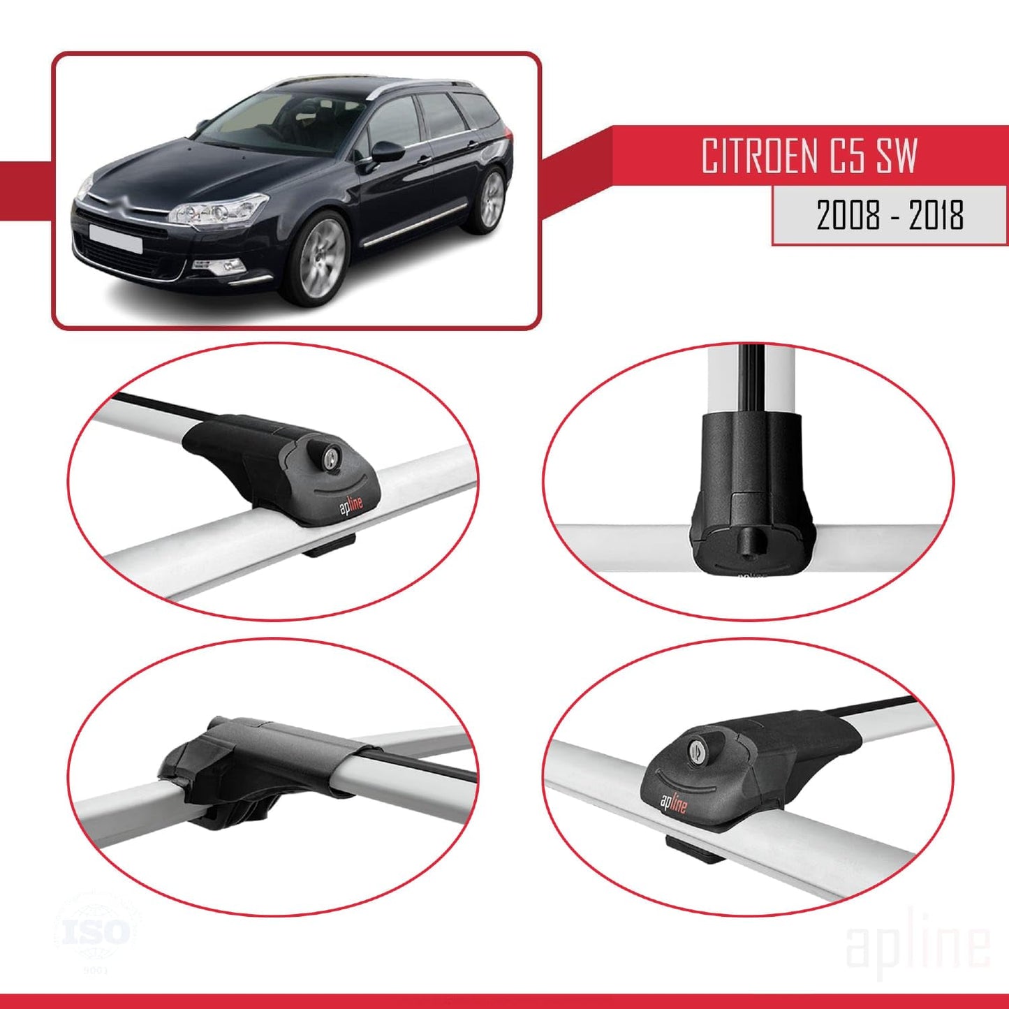 Compatible with Citroen C5 II Tourer 2008-2018 ACE-1 Car Roof Rack Cross Bar Grey Aluminium 3 Bars