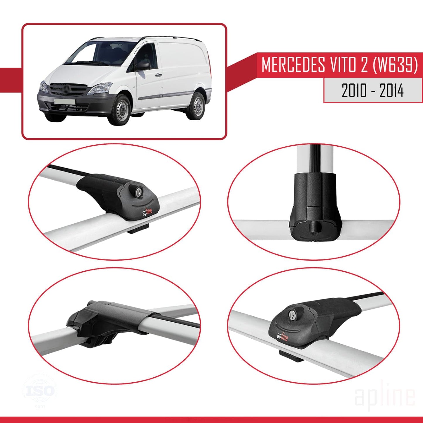 Compatible with Mercedes Vito 2 (W639) Post-Facelift 2010-2014 ACE-1 Car Roof Rack Cross Bar Grey Aluminium 4 Bars