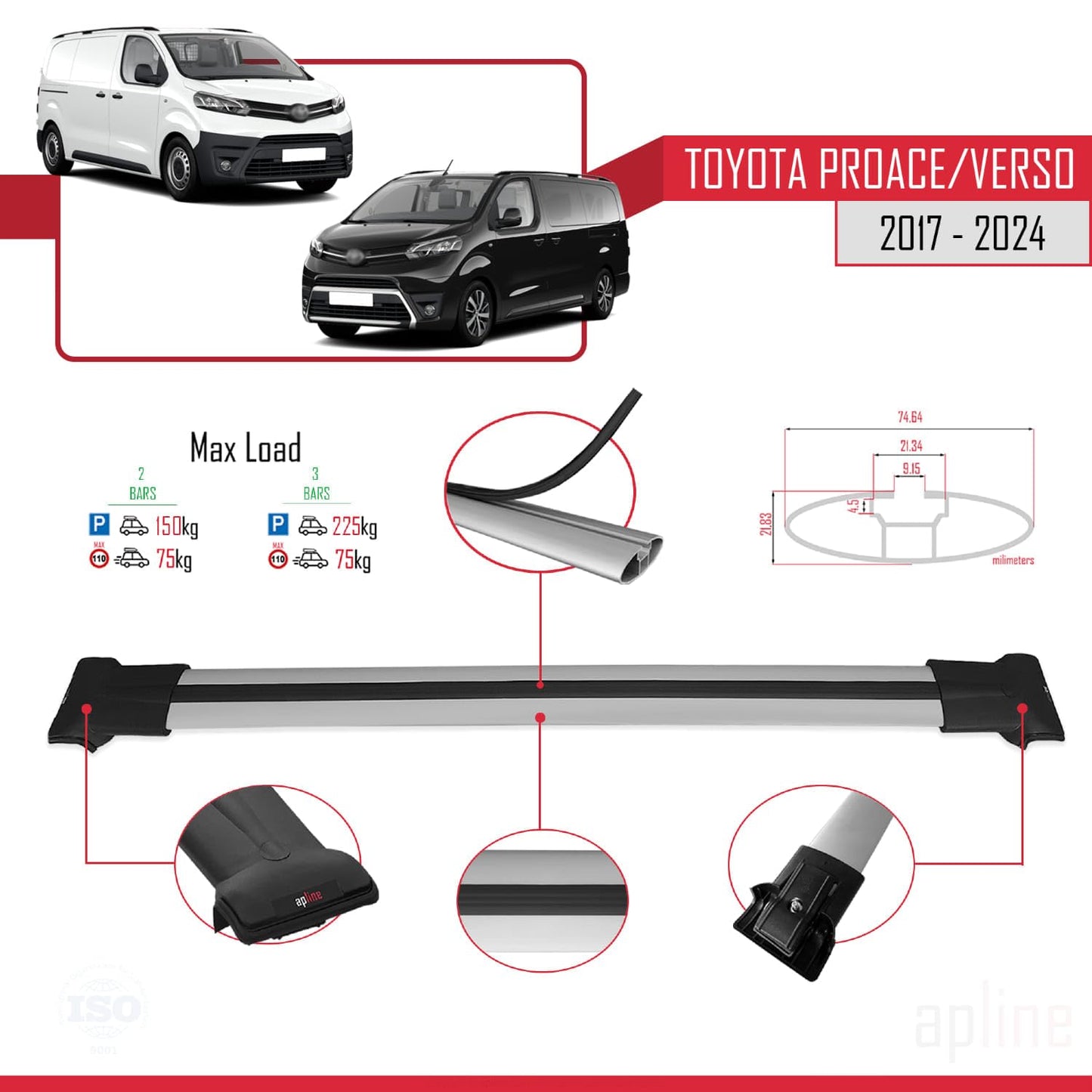 Compatible with Toyota Proace 2017-2025 Fly Model Car Roof Rack Cross Bar Grey Aluminium 2 Bars
