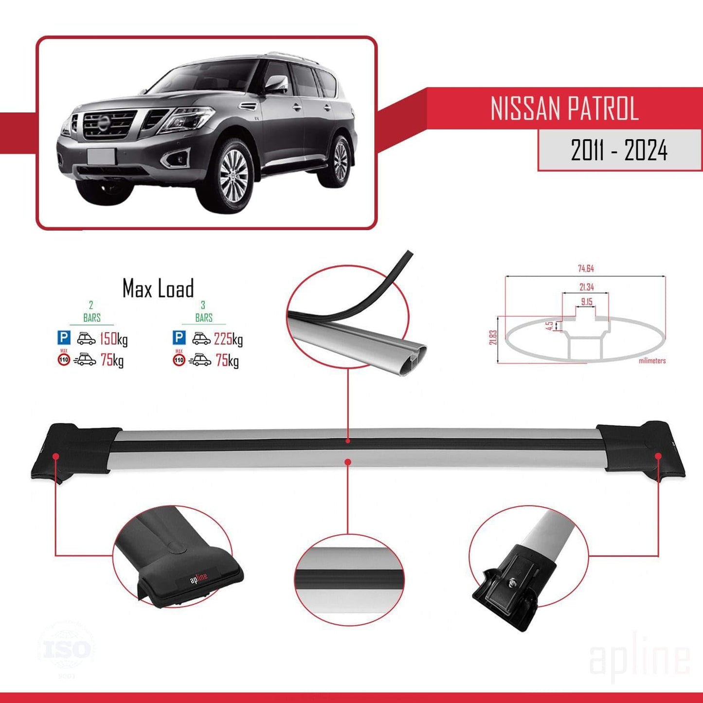 Compatible with Nissan Patrol 6 (Y62) 2011-2024 Fly Model Car Roof Rack Cross Bar Grey Aluminium 2 Bars