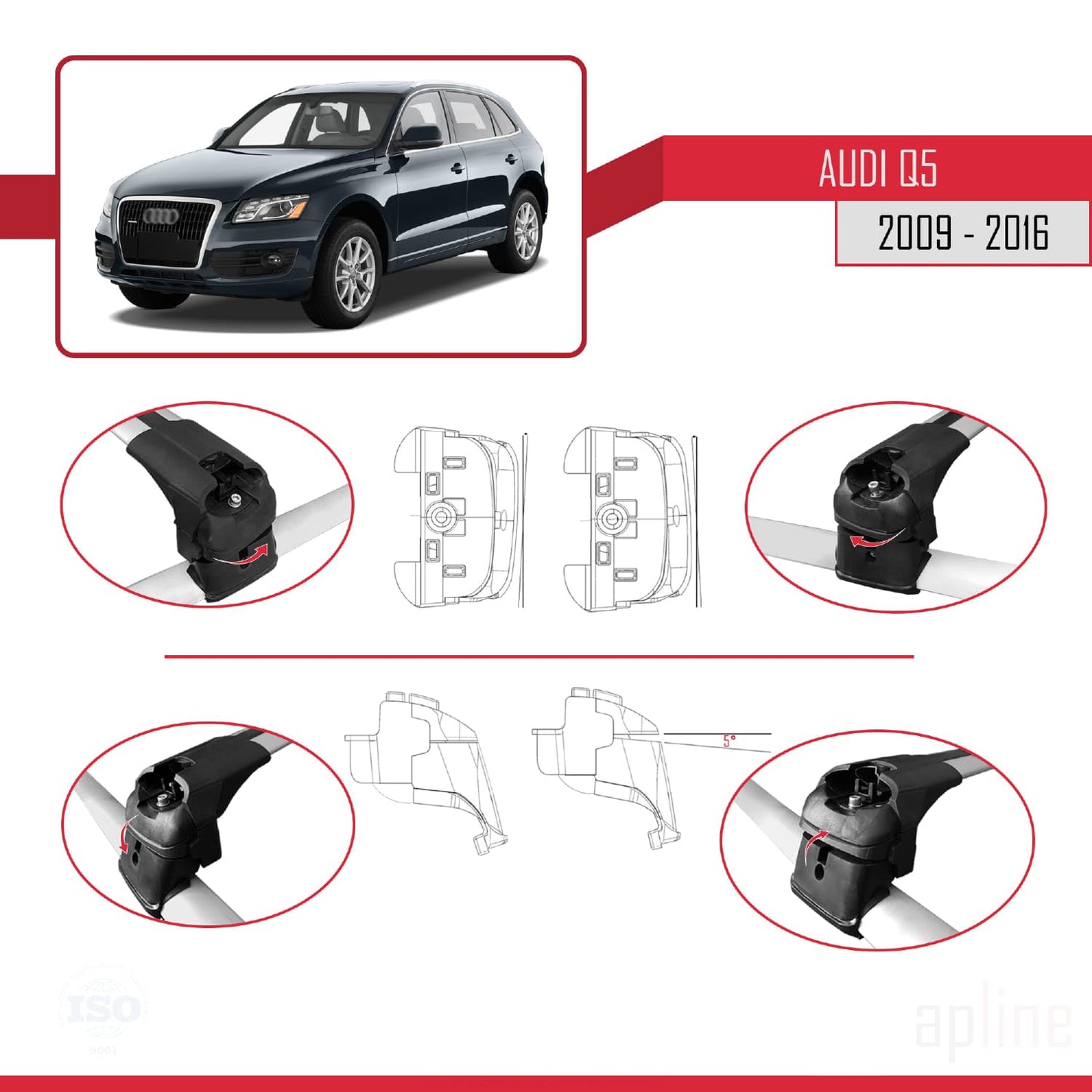 Compatible with Audi Q5 (8R) 2009-2016 ACE-2 Car Roof Rack Cross Bar Grey Aluminium 2 Bars