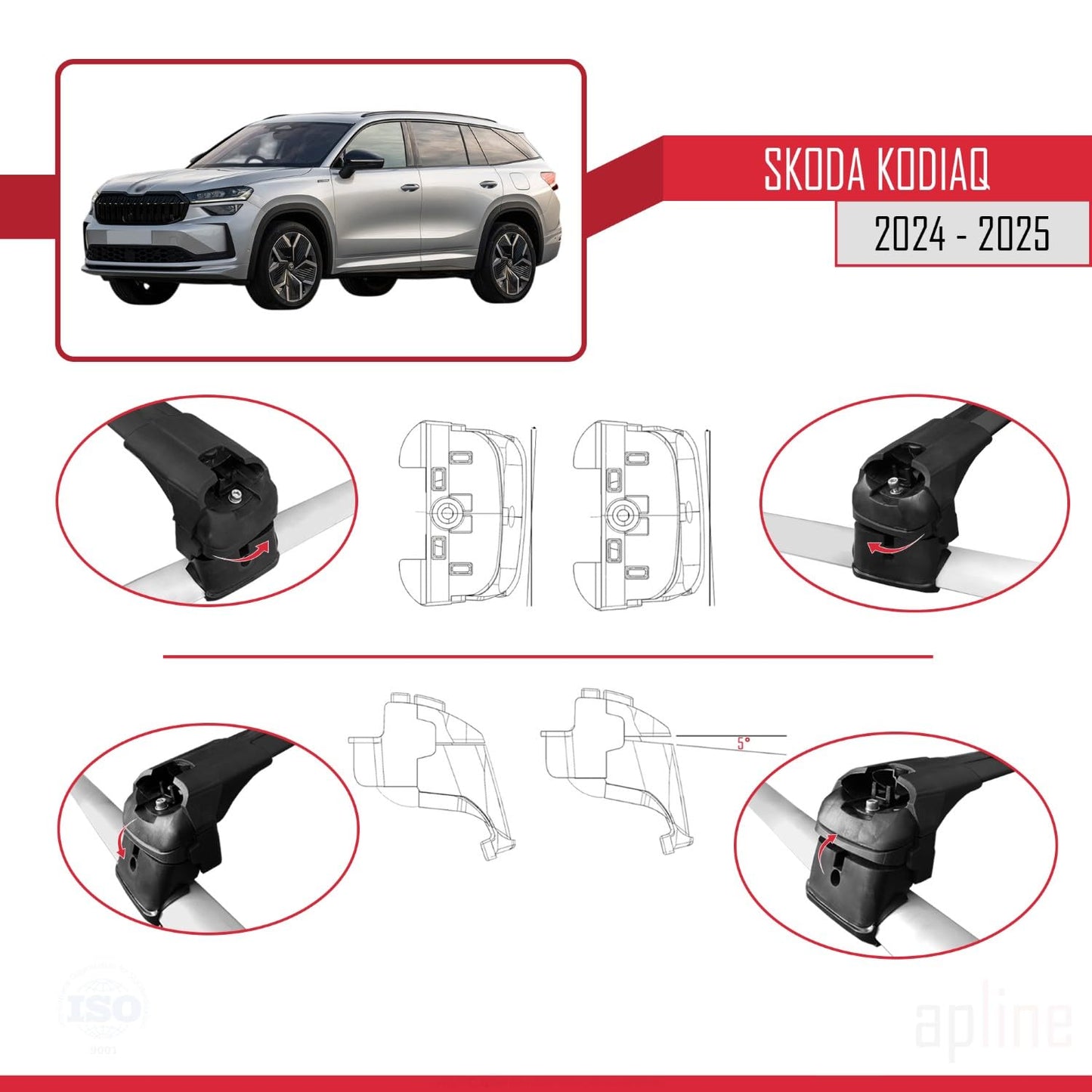 Compatible with Skoda Kodiaq 2024-2025 ACE-2 Car Roof Rack Cross Bar Black Aluminium 2 Bars