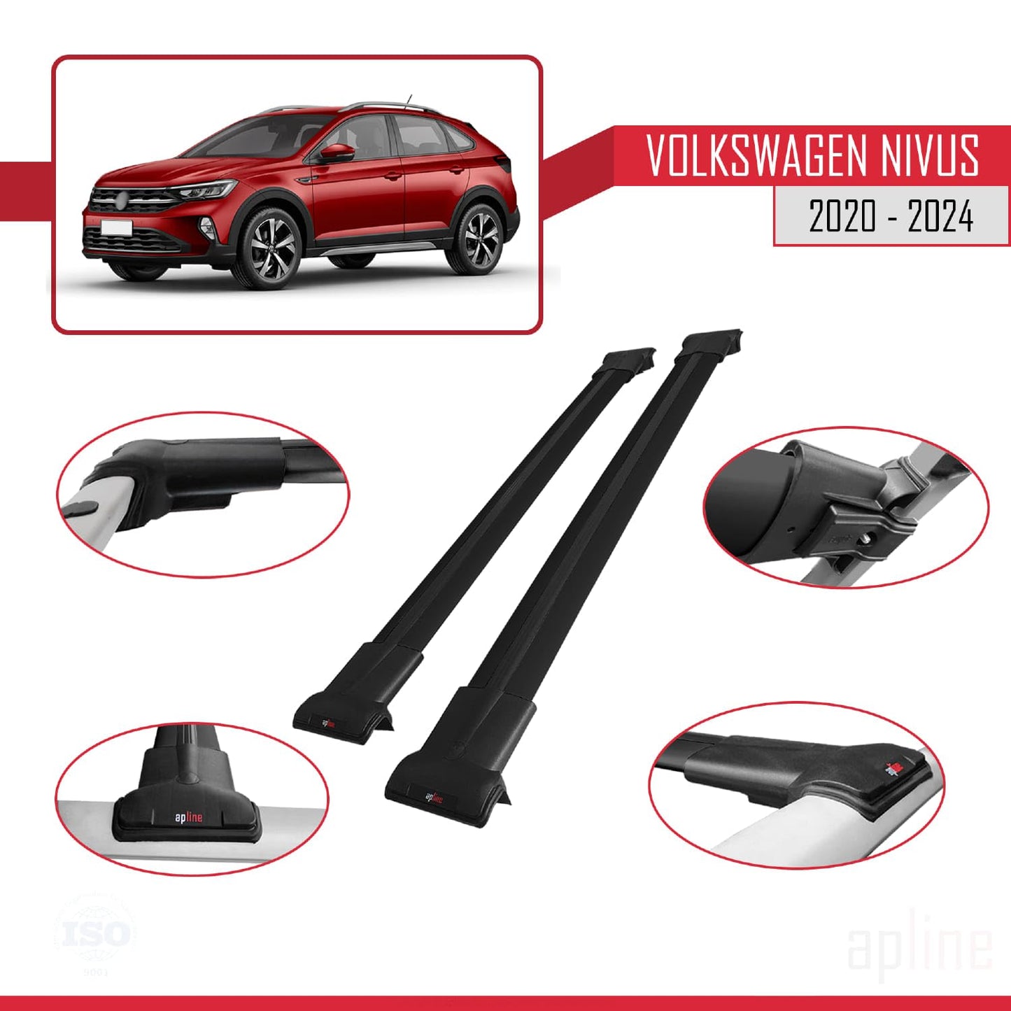 Compatible with VW Nivus 2020-2024 Fly Model Car Roof Rack Cross Bar Black Aluminium 2 Bars