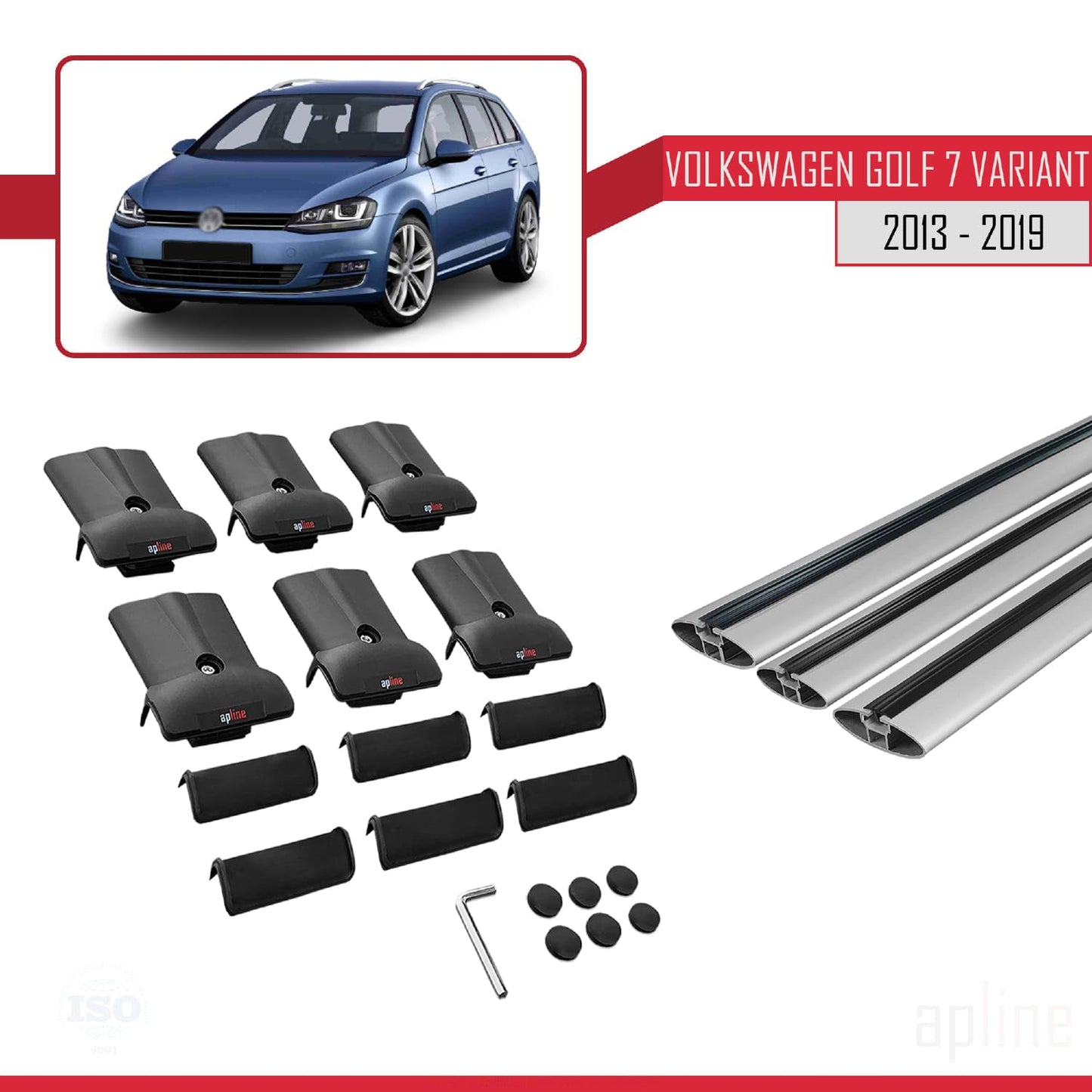 Compatible with Volkswagen Golf 7 (5G) Variant 2013-2019 Fly Model Car Roof Rack Cross Bar Grey Aluminium 3 Bars