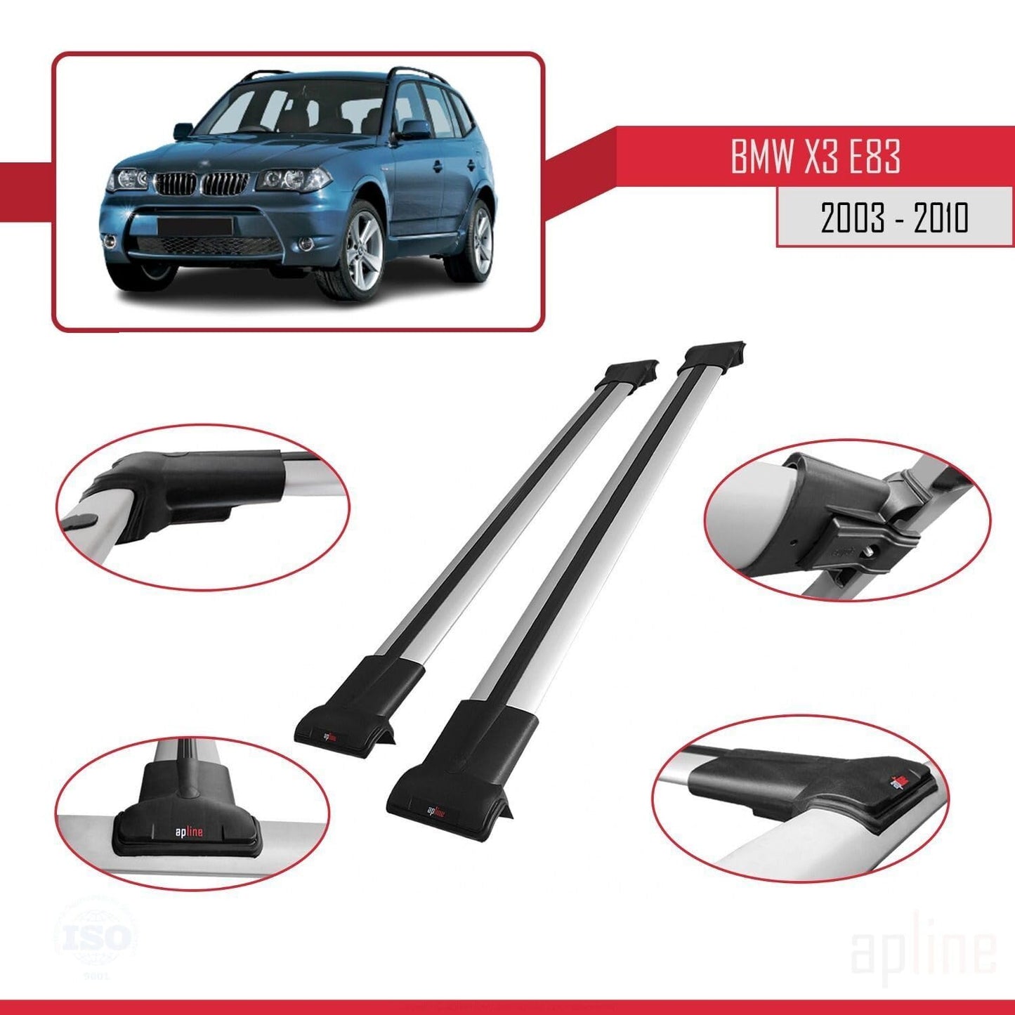 Compatible with BMW X3 (E83) 2003-2010 Fly Model Car Roof Rack Cross Bar Grey Aluminium 2 Bars