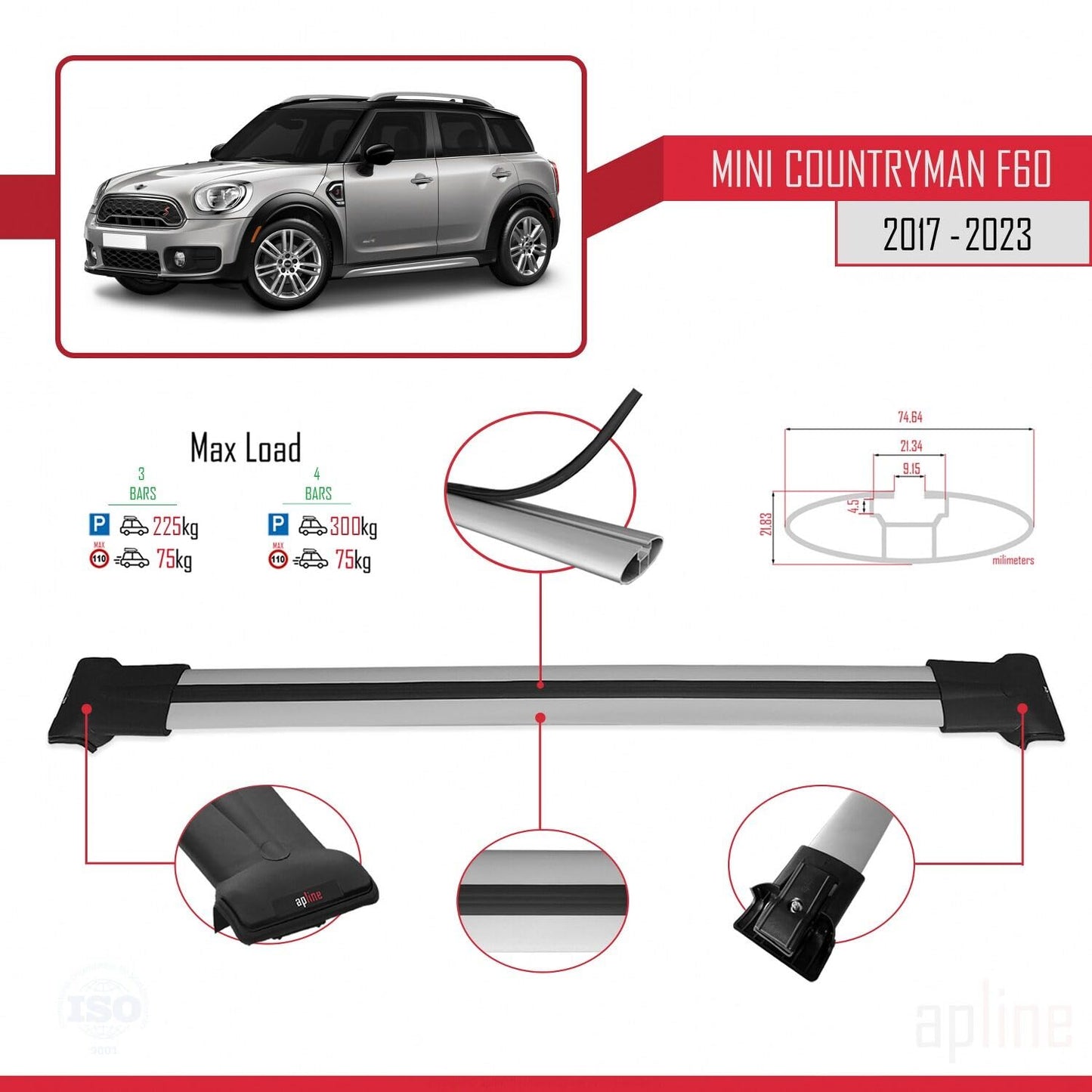 Compatible with Mini Countryman 2 (F60) 2017-2023 Fly Model Car Roof Rack Cross Bar Grey Aluminium 3 Bars