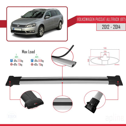 Compatible with Volkswagen Passat B7 (3C) Alltrack 2012-2014 Fly Model Car Roof Rack Cross Bar Grey Aluminium 3 Bars