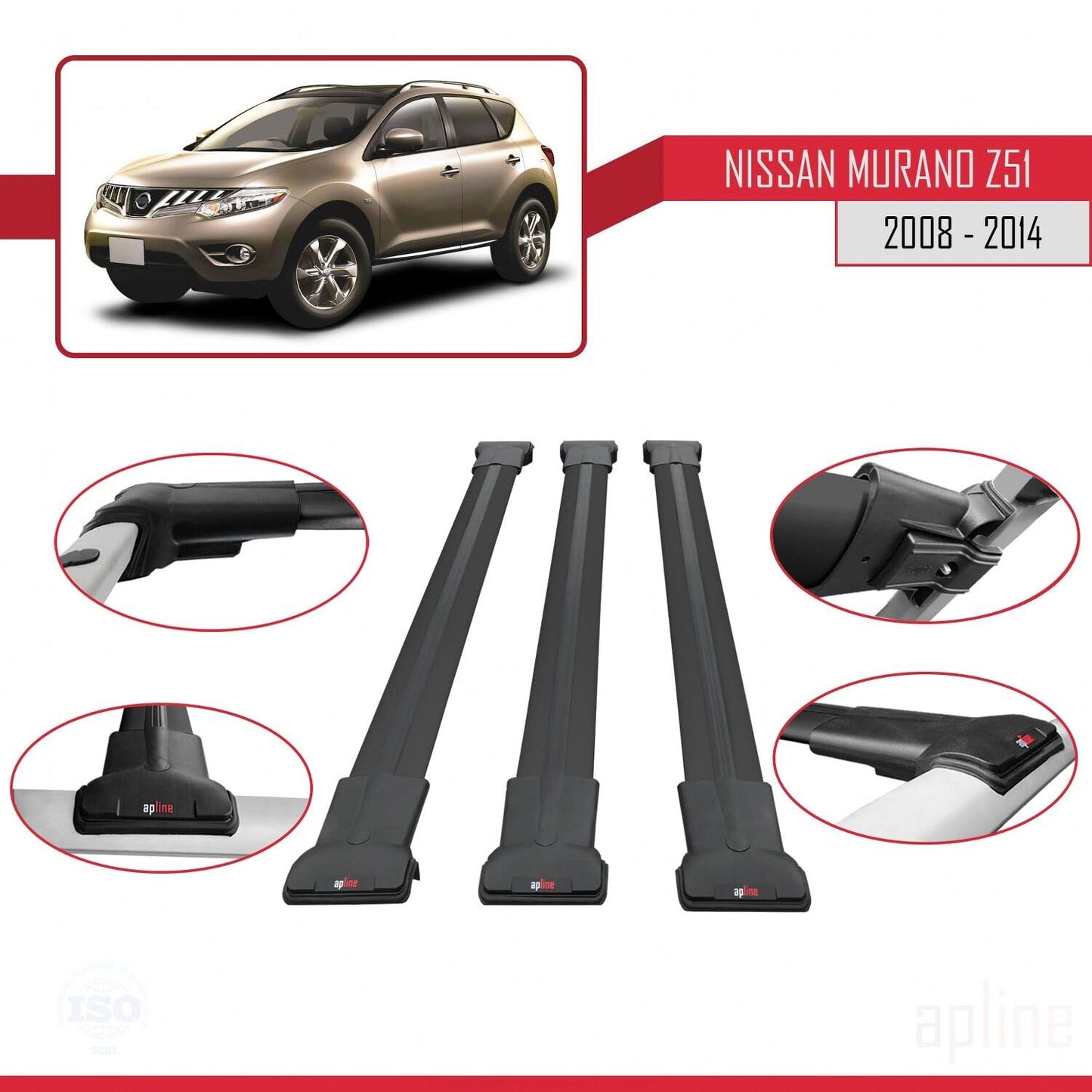 Compatible with Nissan Murano 2 (Z51) 2008-2014 Fly Model Car Roof Rack Cross Bar Black Aluminium 3 Bars