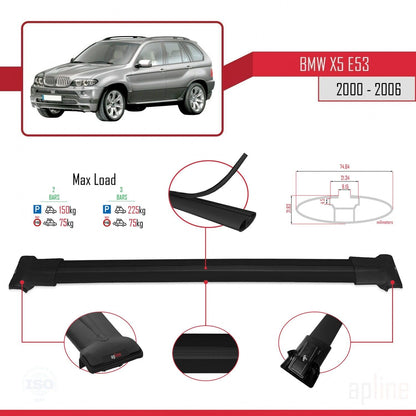Compatible with BMW X5 (E53) 2000-2006 Fly Model Car Roof Rack Cross Bar Black Aluminium 2 Bars