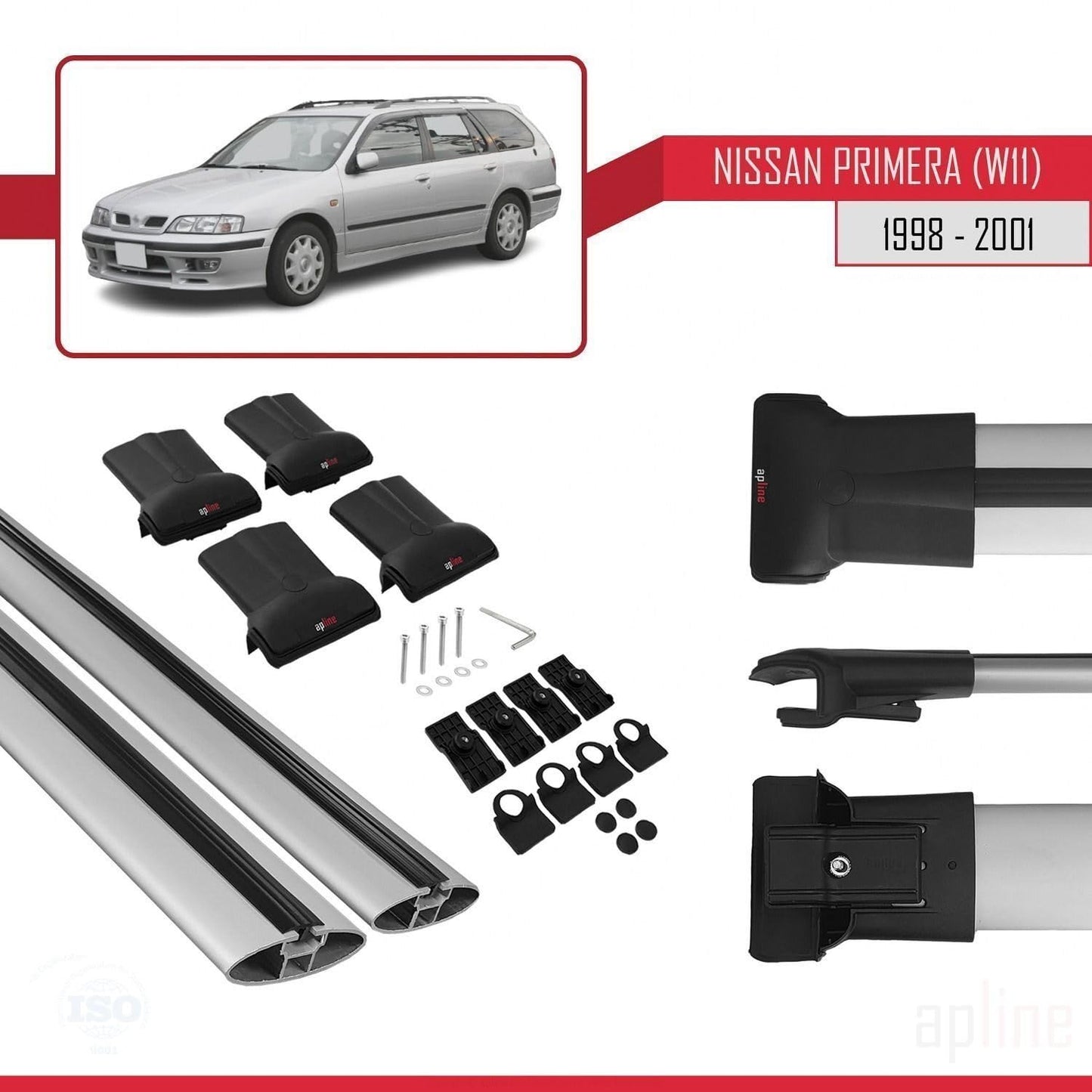 Compatible with Nissan Primera 2 (W11) Traveller 1998-2001 Fly Model Car Roof Rack Cross Bar Grey Aluminium 2 Bars