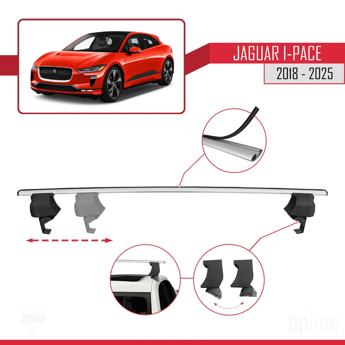 Compatible with Jaguar I-Pace 2018-2025 ACE-4 Car Roof Rack Cross Bar Grey Aluminium 2 Bars