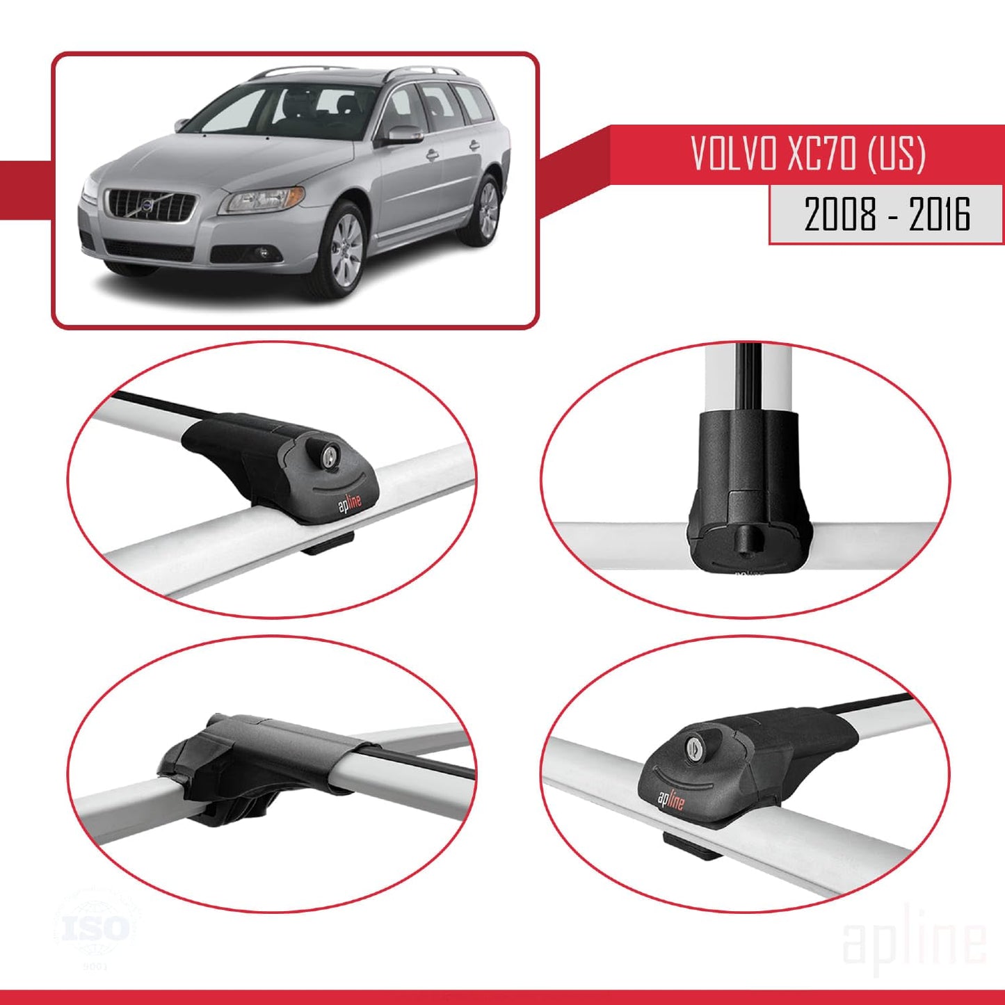 Compatible with Volvo XC70 II (P24) 2008-2016 ACE-1 Car Roof Rack Cross Bar Grey Aluminium 3 Bars