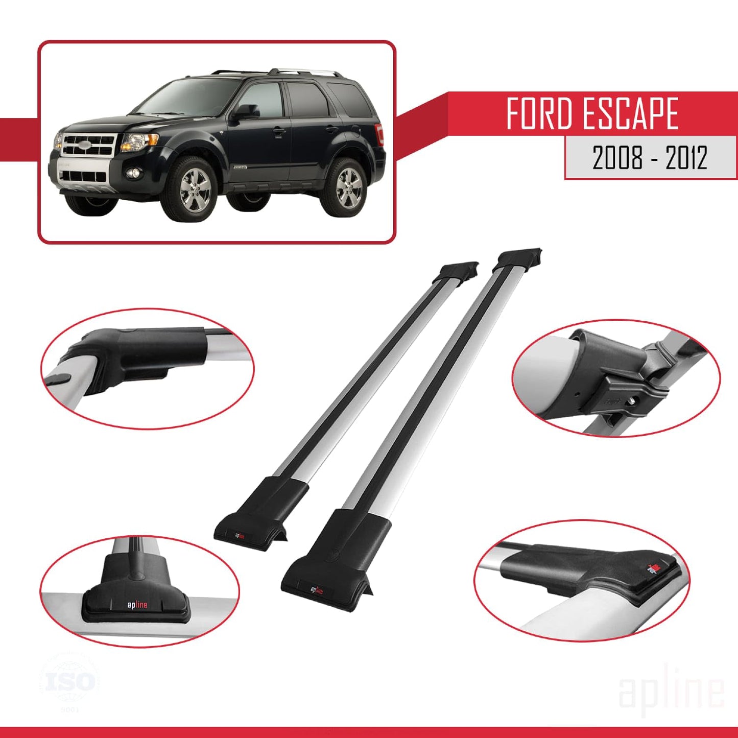Compatible with Ford Escape 2008-2012 Fly Model Car Roof Rack Cross Bar Grey Aluminium 2 Bars