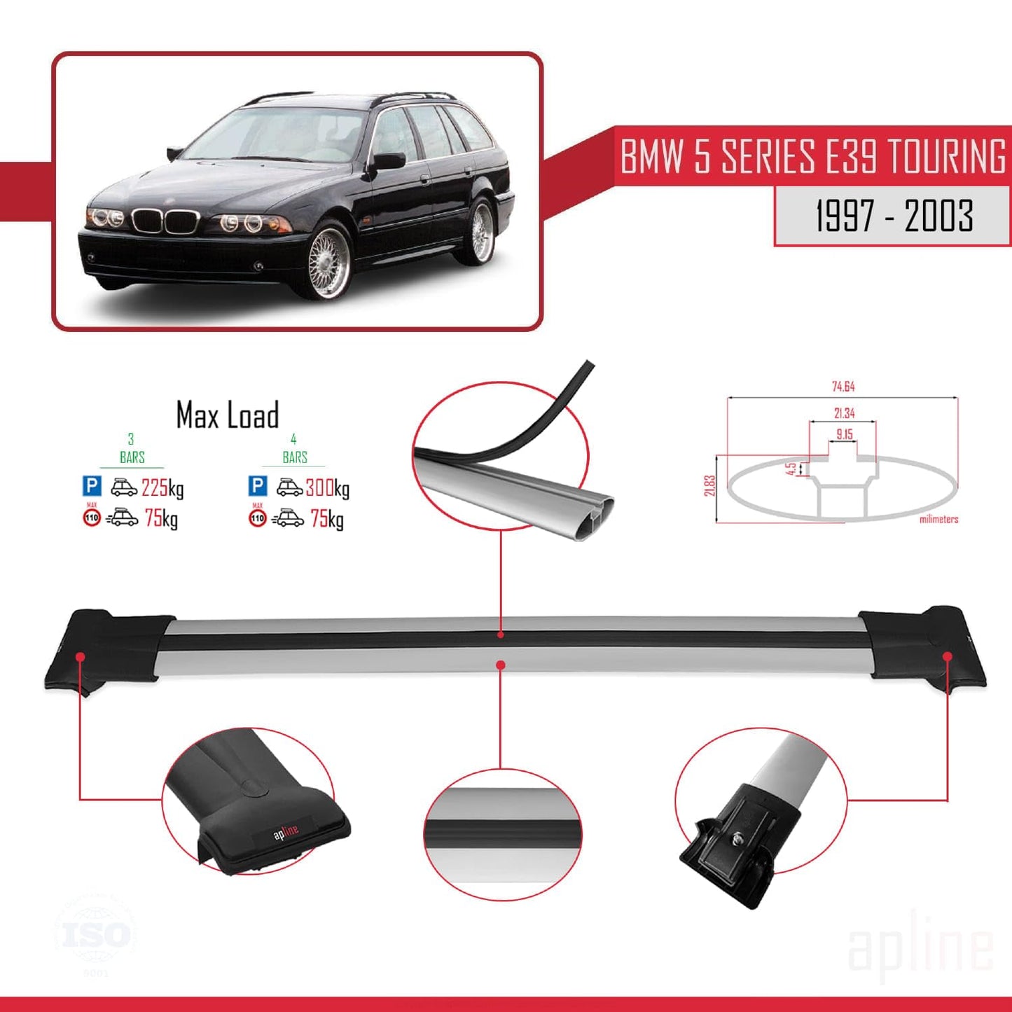 Compatible with BMW 5 Series (E39) Touring 1997-2003 Fly Model Car Roof Rack Cross Bar Grey Aluminium 3 Bars
