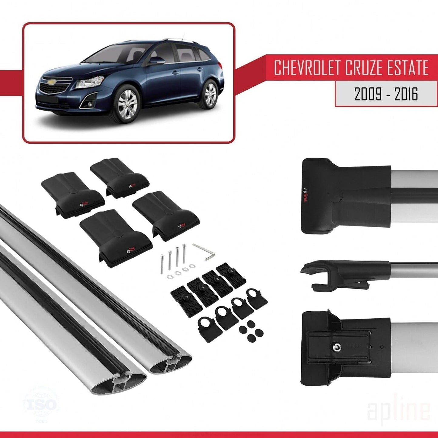 Compatible with Chevrolet Cruze (J300) 2009-2016 Fly Model Car Roof Rack Cross Bar Grey Aluminium 2 Bars