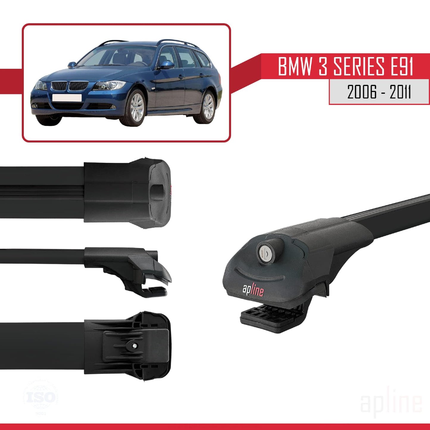Compatible with BMW 3 Series E91 Touring 2006-2011 ACE-1 Car Roof Rack Cross Bar Black Aluminium 3 Bars