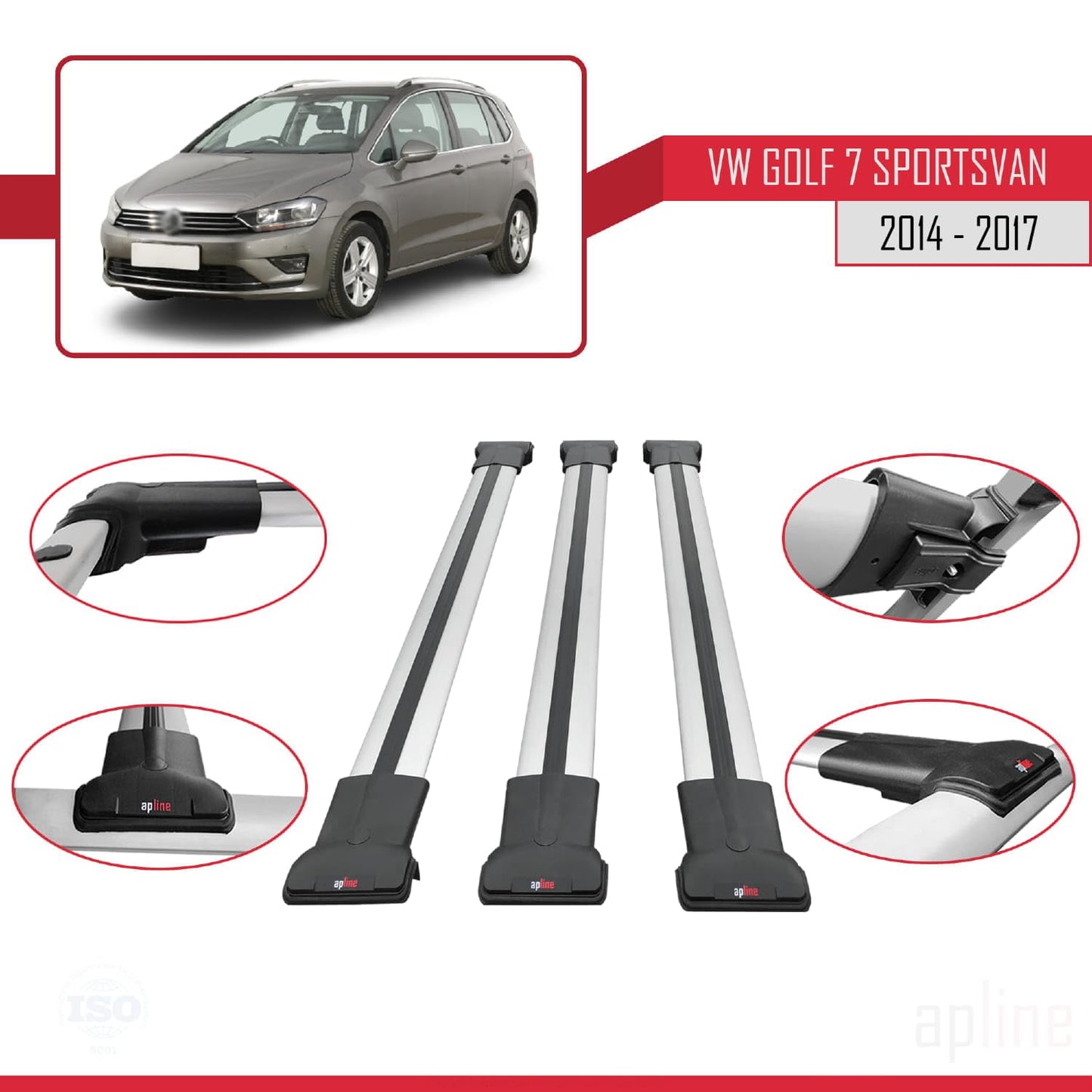 Compatible with Volkswagen Golf Sportvan 2014-2017 Fly Model Car Roof Rack Cross Bar Grey Aluminium 3 Bars