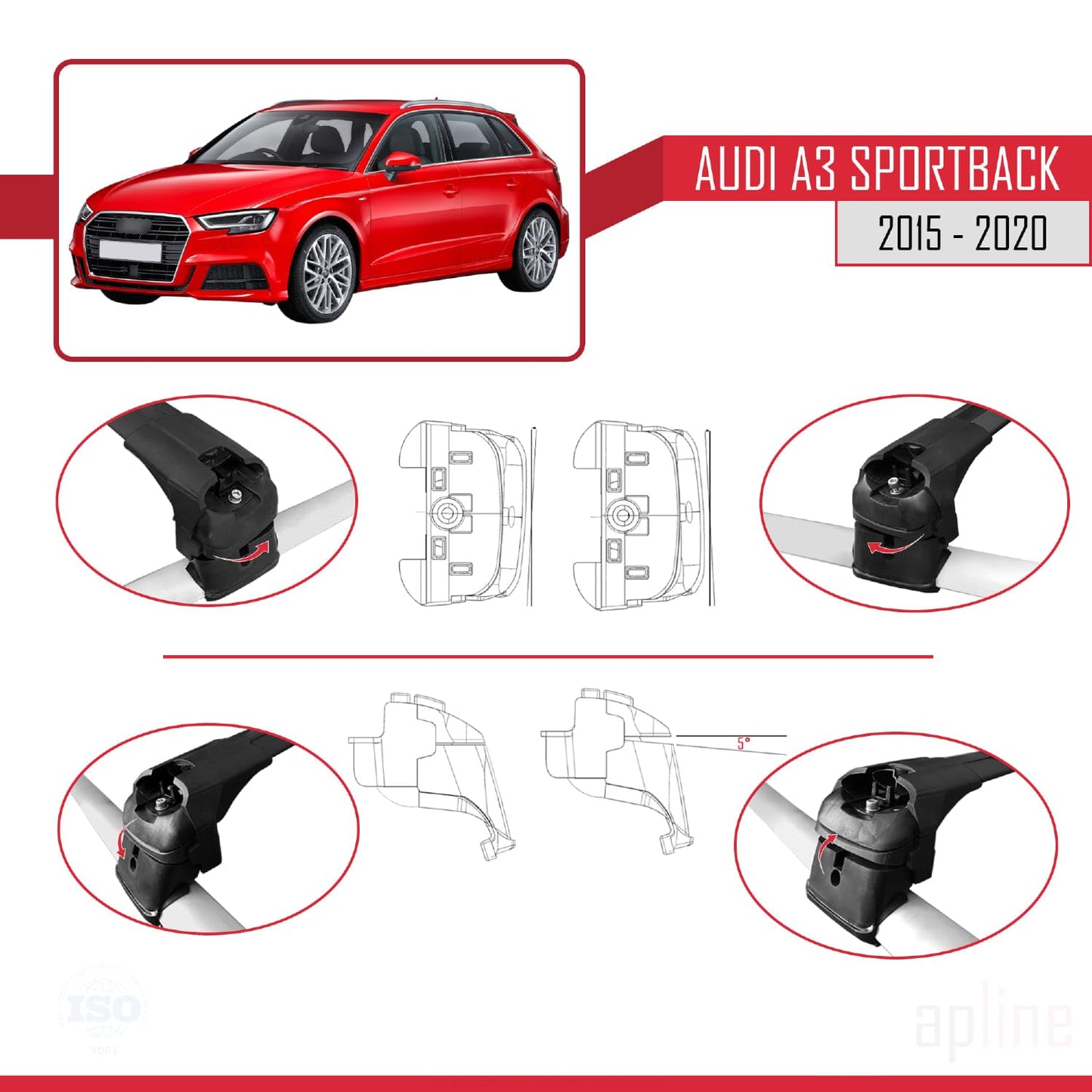 Compatible with Audi A3 Sportback 2015-2020 ACE-2 Car Roof Rack Cross Bar Black Aluminium 2 Bars
