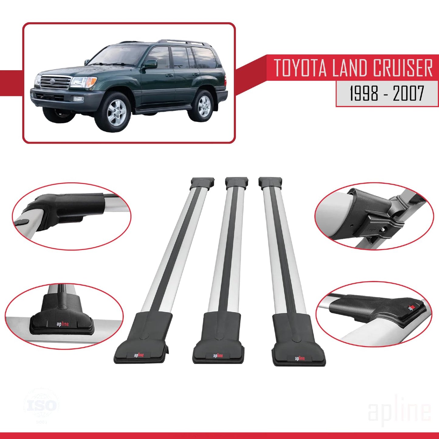 Compatible with Toyota Land Cruiser 1998-2007 Fly Model Car Roof Rack Cross Bar Grey Aluminium 3 Bars