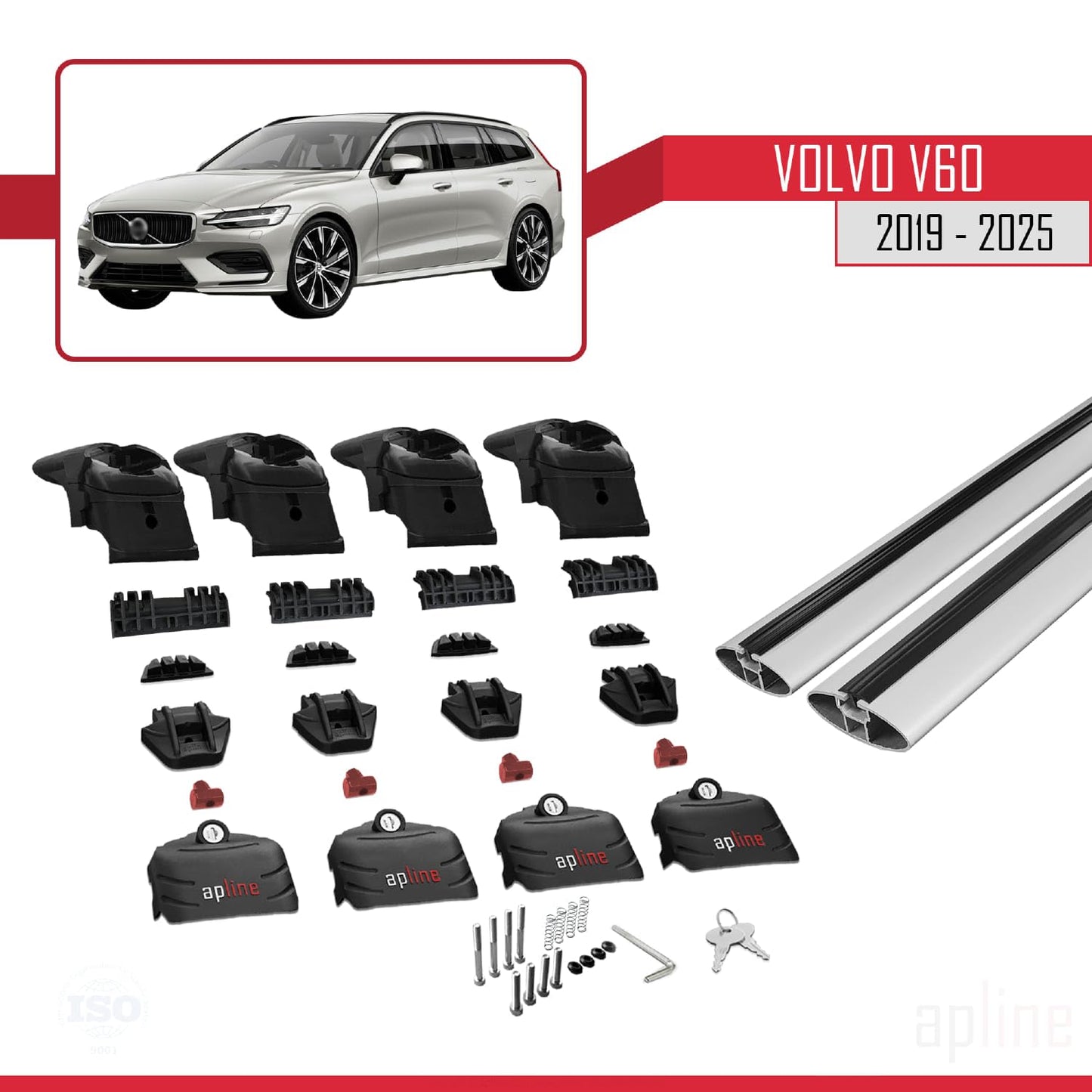 Compatible with Volvo V60 II 2019-2025 ACE-2 Car Roof Rack Cross Bar Grey Aluminium 2 Bars