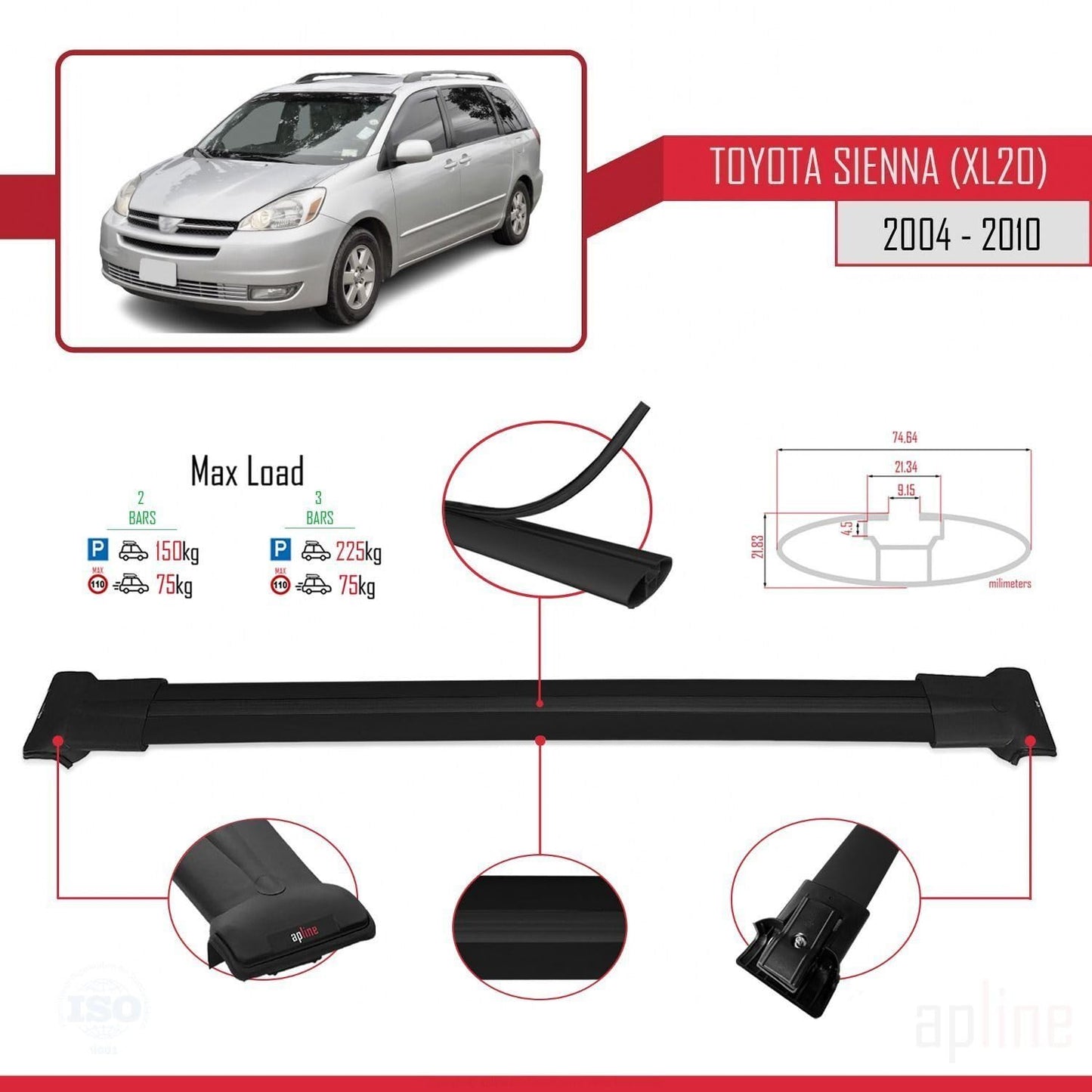 Compatible with Toyota Sienna 2 (XL20) 2004-2010 Fly Model Car Roof Rack Cross Bar Black Aluminium 2 Bars