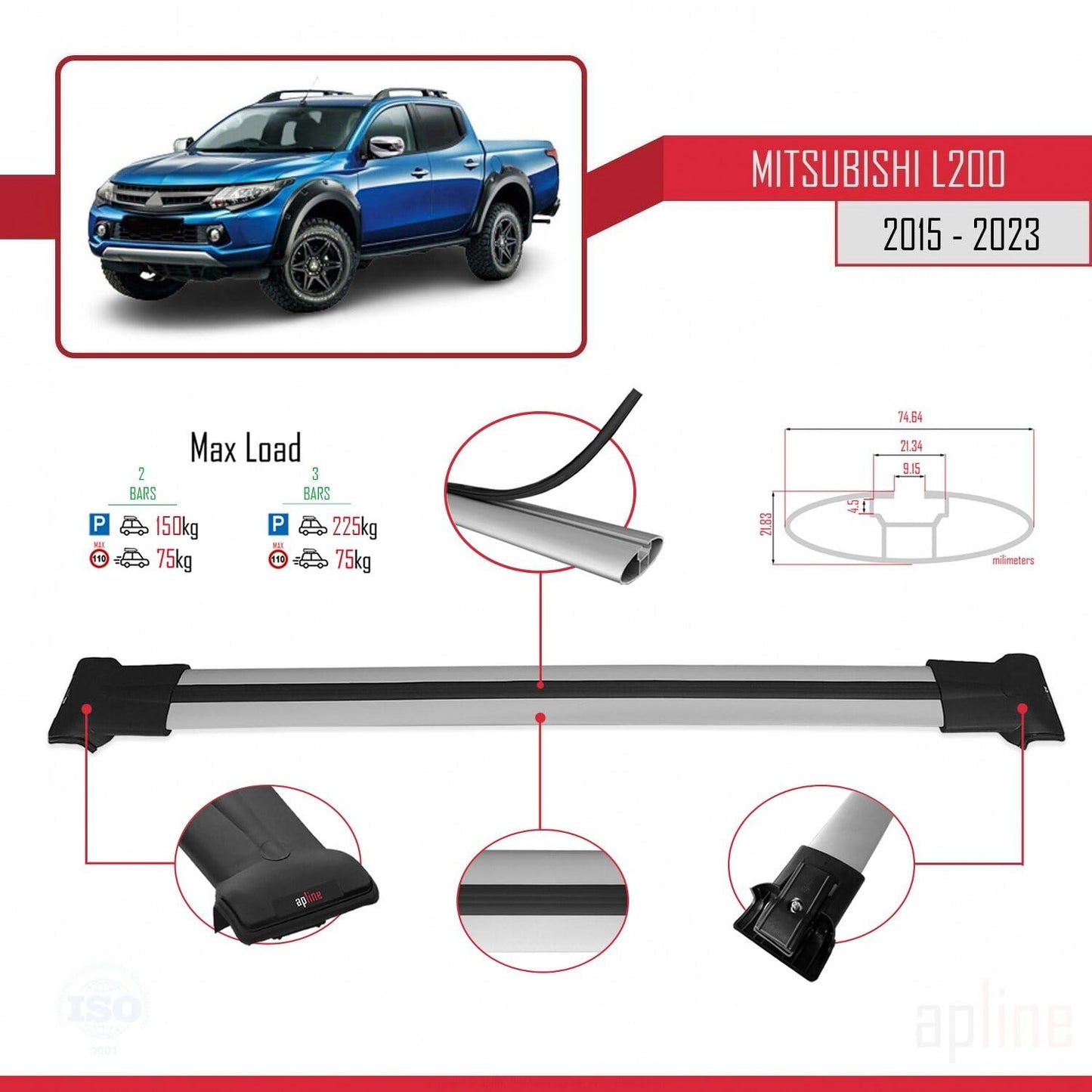 Compatible with Mitsubishi L200 V 2015-2023 Fly Model Car Roof Rack Cross Bar Grey Aluminium 2 Bars