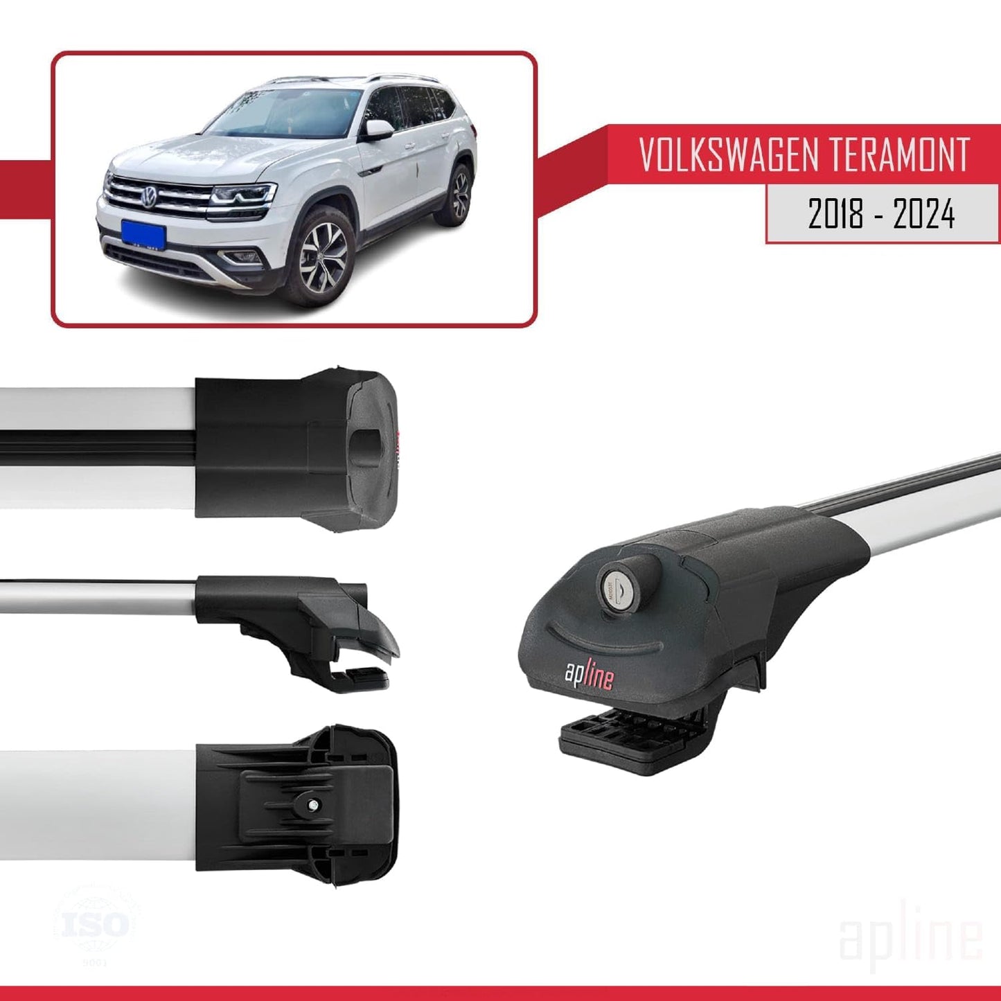 Compatible with Volkswagen Teramont (CA1) 2018-2024 ACE-1 Car Roof Rack Cross Bar Grey Aluminium 2 Bars