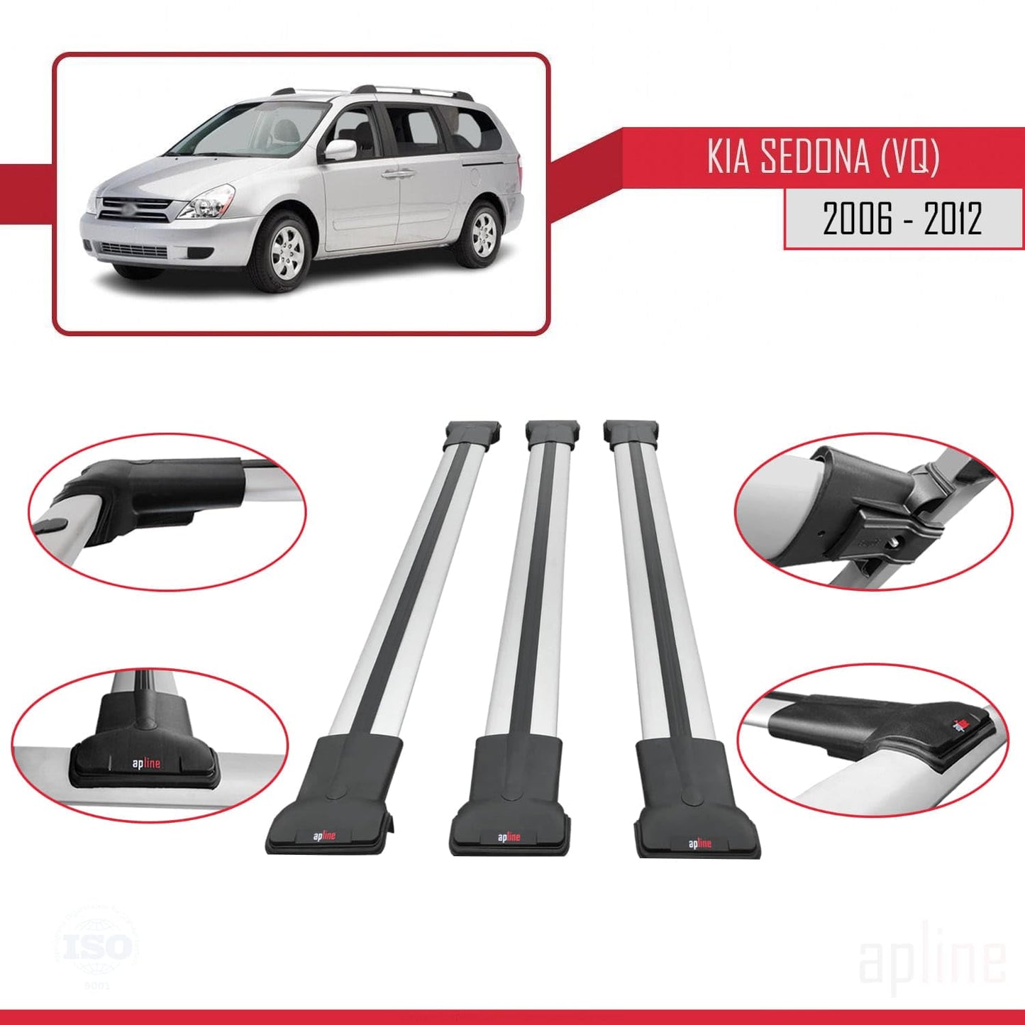 Compatible with Kia Sedona 2 (VQ) 2006-2012 Fly Model Car Roof Rack Cross Bar Grey Aluminium 3 Bars
