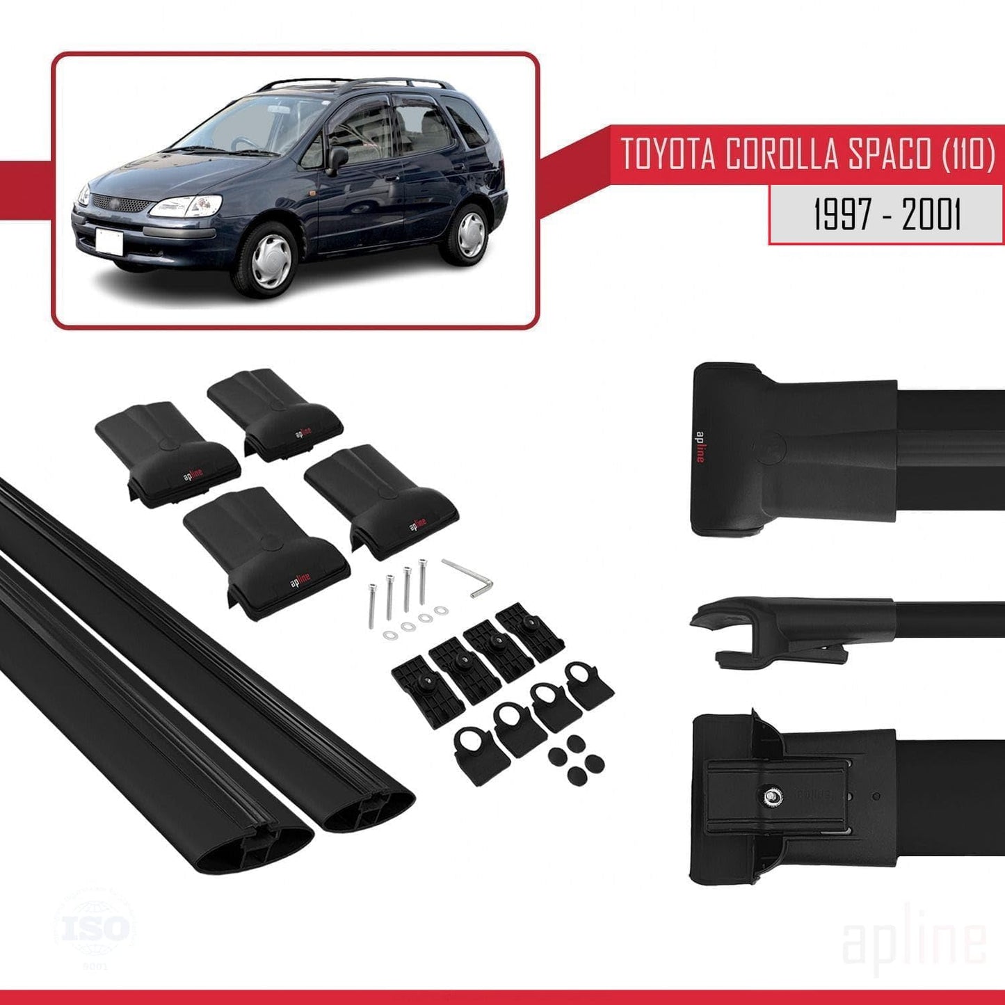 Compatible with Toyota Corolla Spacio (E110) 1997-2001 Fly Model Car Roof Rack Cross Bar Black Aluminium 2 Bars