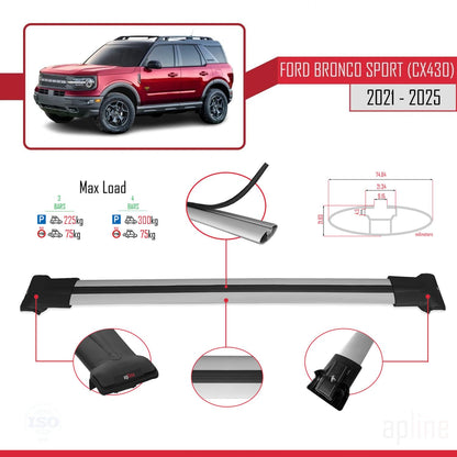 Compatible with Ford Bronco Sport (CX430) 2021-2025 Fly Model Car Roof Rack Cross Bar Grey Aluminium 3 Bars