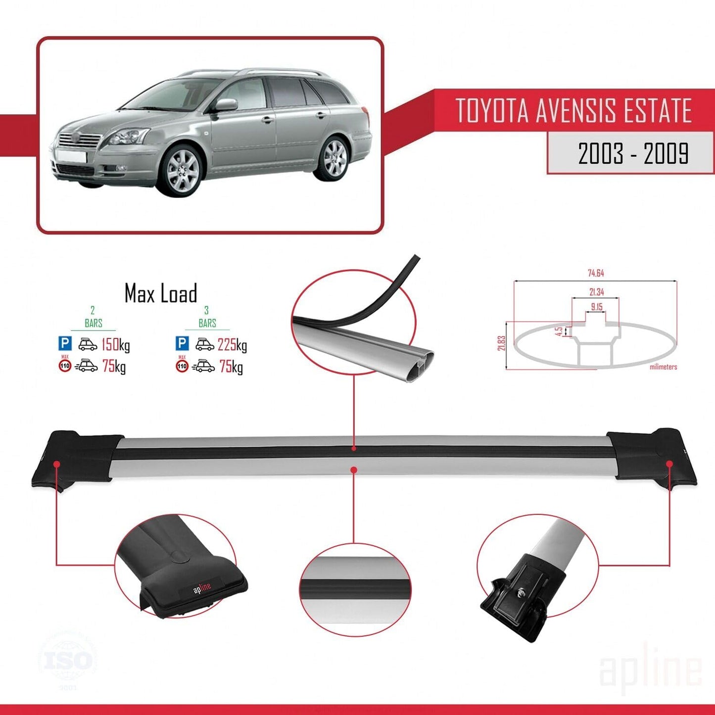 Compatible with Toyota Avensis SW 2003-2009 Fly Model Car Roof Rack Cross Bar Grey Aluminium 2 Bars