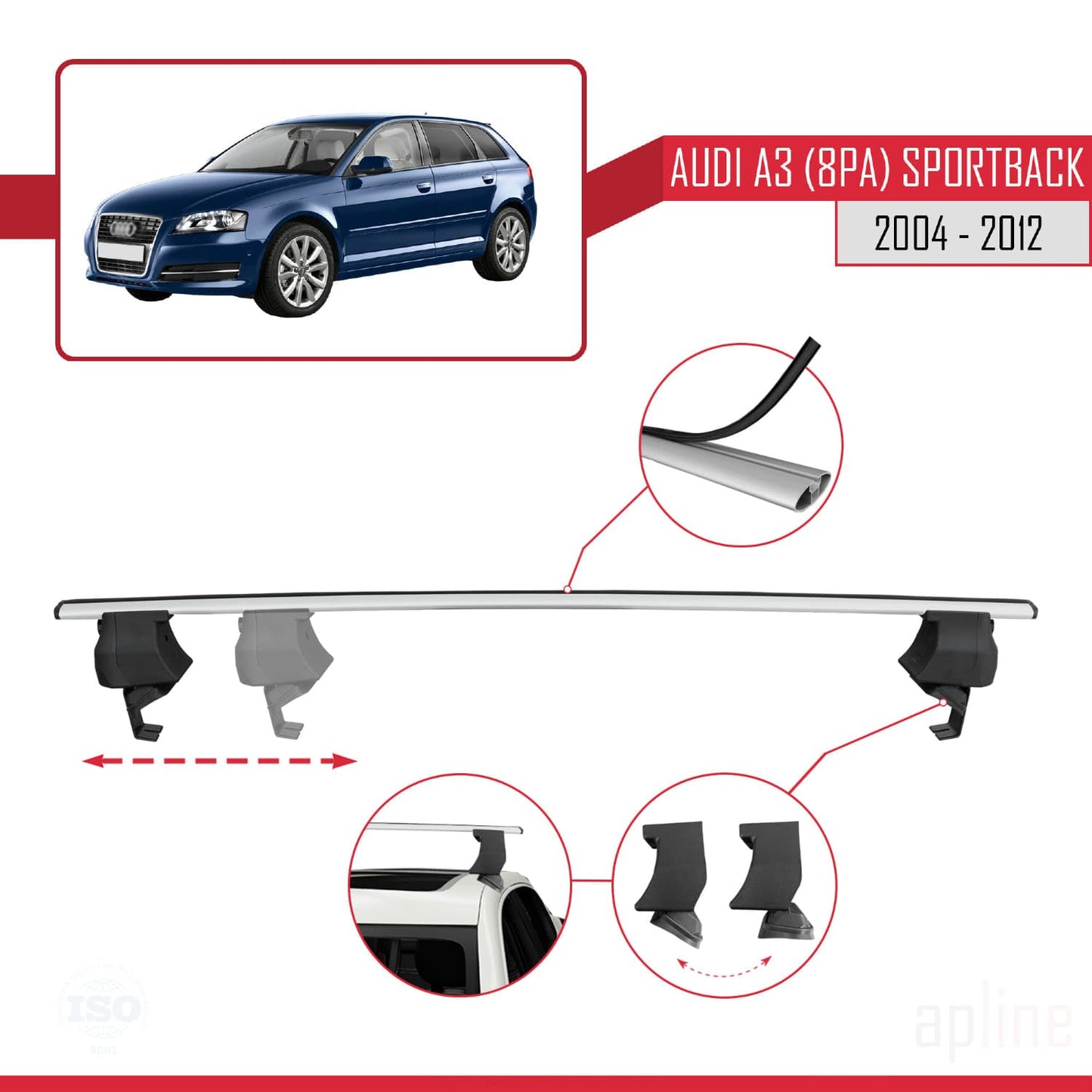 Compatible with Audi A3 (8PA) Sportback 2004-2012 ACE-4 Car Roof Rack Cross Bar Grey Aluminium 2 Bars