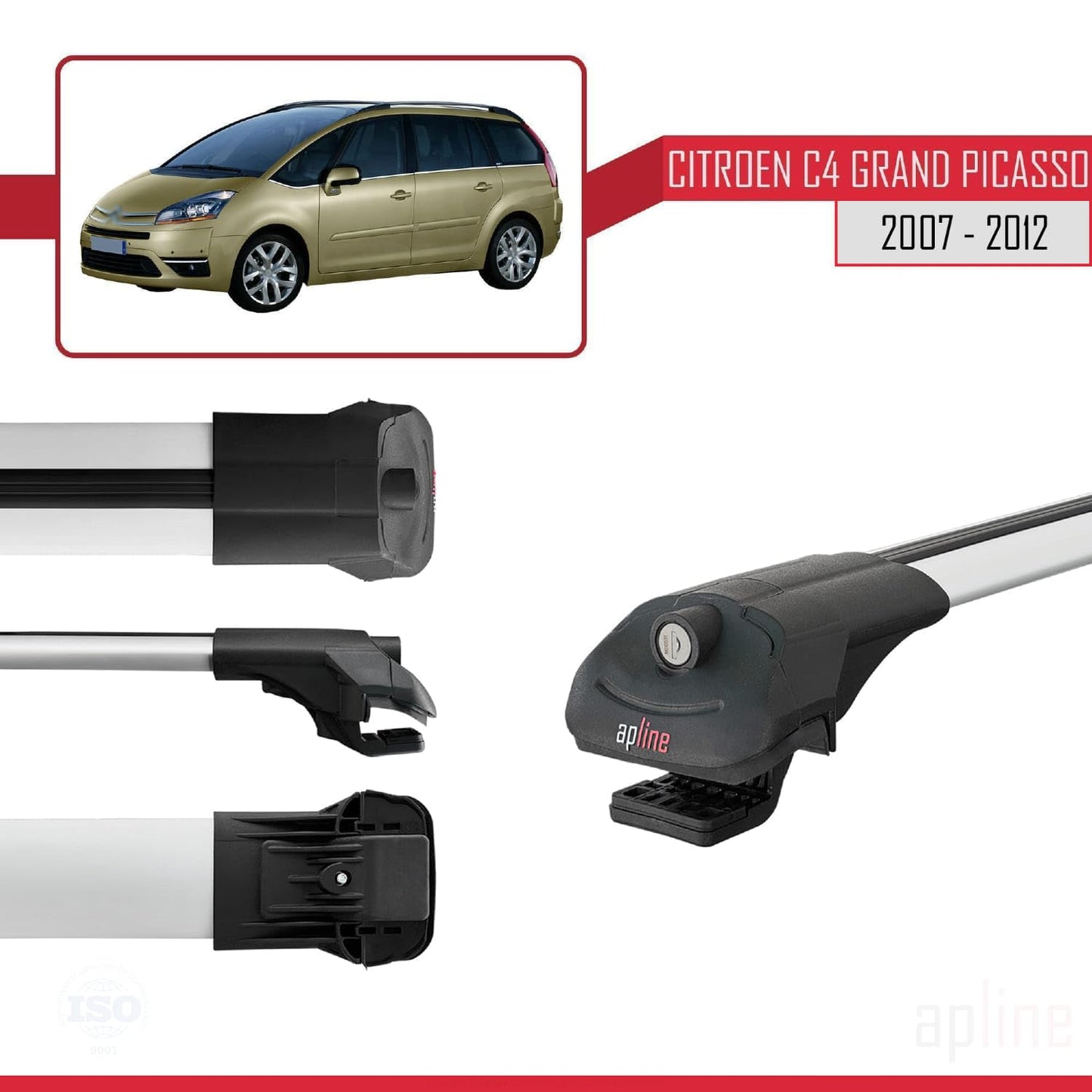 Compatible with Citroen Grand C4 Picasso 2007-2012 ACE-1 Car Roof Rack Cross Bar Grey Aluminium 3 Bars