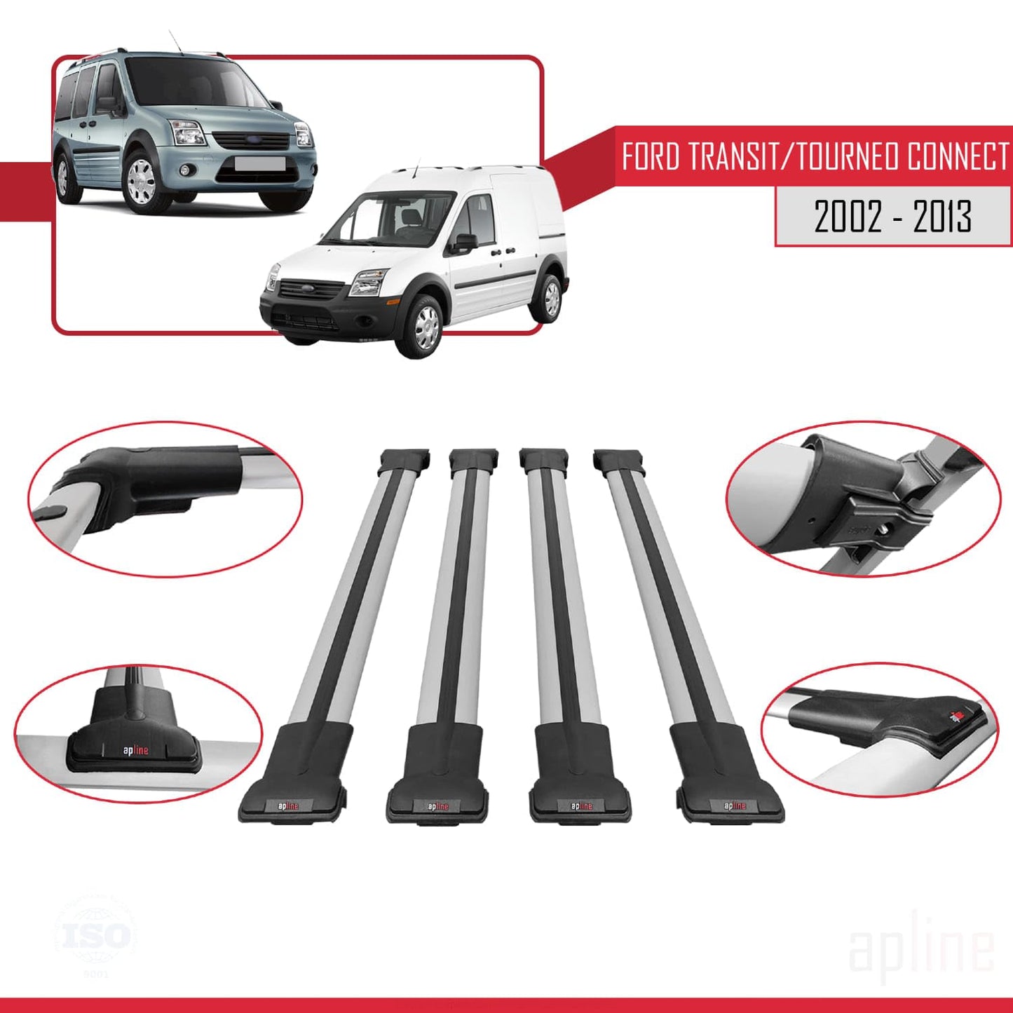 Compatible with Ford Transit/Tourneo Connect 2002-2013 Fly Model Car Roof Rack Cross Bar Grey Aluminium 4 Bars