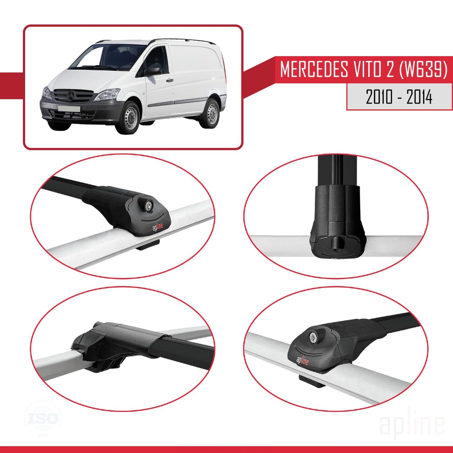 Compatible with Mercedes Vito 2 (W639) Post-Facelift 2010-2014 ACE-1 Car Roof Rack Cross Bar Black Aluminium 3 Bars