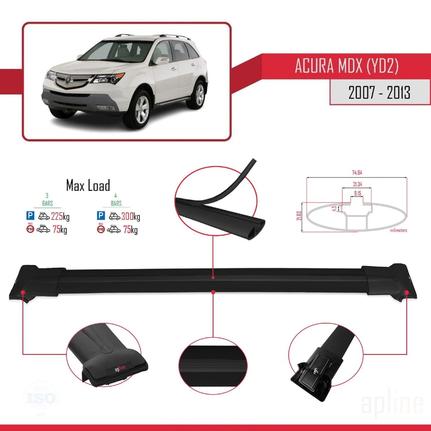 Compatible with Acura MDX (YD2) 2007-2013 Fly Model Car Roof Rack Cross Bar Black Aluminium 3 Bars