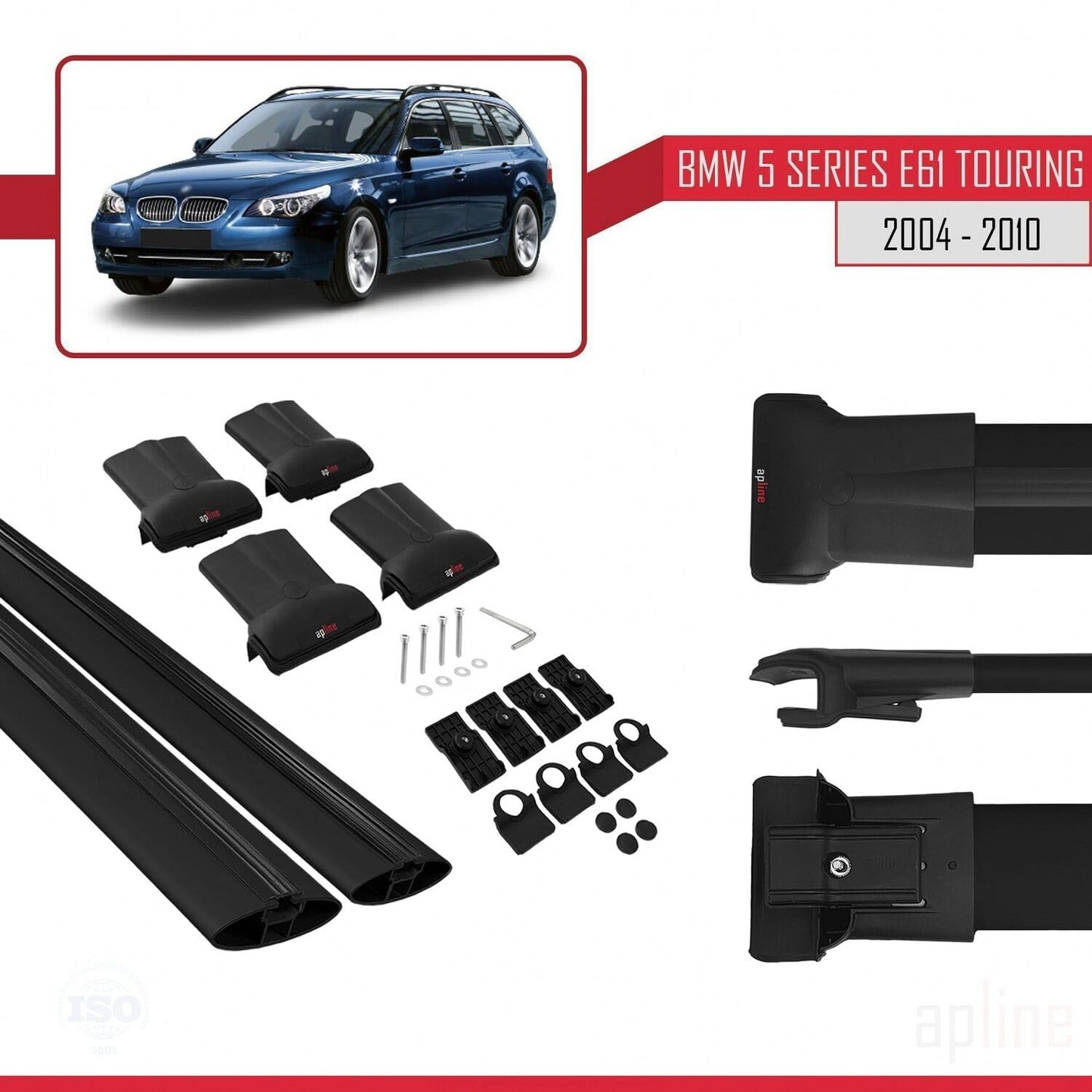Compatible with BMW 5 Series (E61) Touring 2004-2010 Fly Model Car Roof Rack Cross Bar Black Aluminium 2 Bars