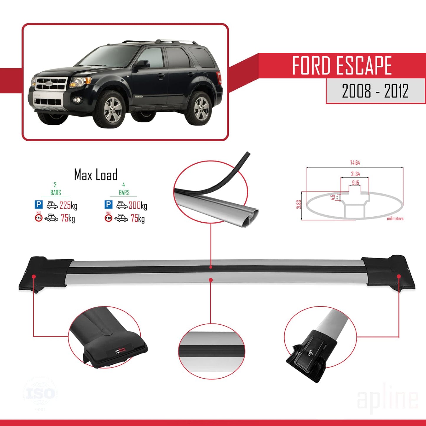 Compatible with Ford Escape 2008-2012 Fly Model Car Roof Rack Cross Bar Grey Aluminium 3 Bars