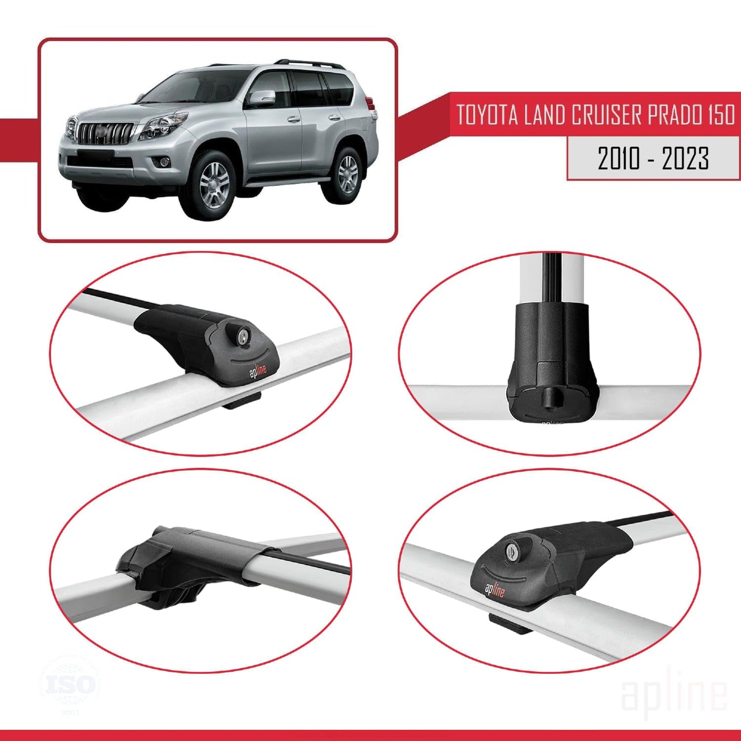 Compatible with Toyota Land Cruiser Prado (J150) 2010-2023 ACE-1 Car Roof Rack Cross Bar Grey Aluminium 2 Bars