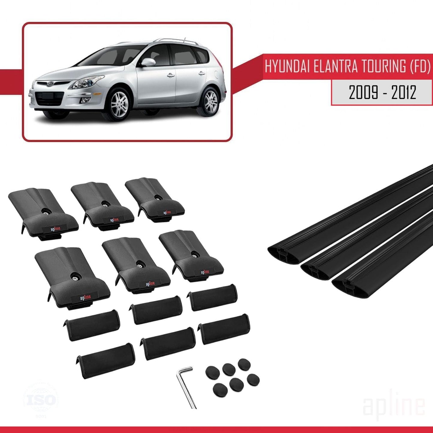 Compatible with Hyundai Elantra Touring (FD) 2009-2012 Fly Model Car Roof Rack Cross Bar Black Aluminium 3 Bars