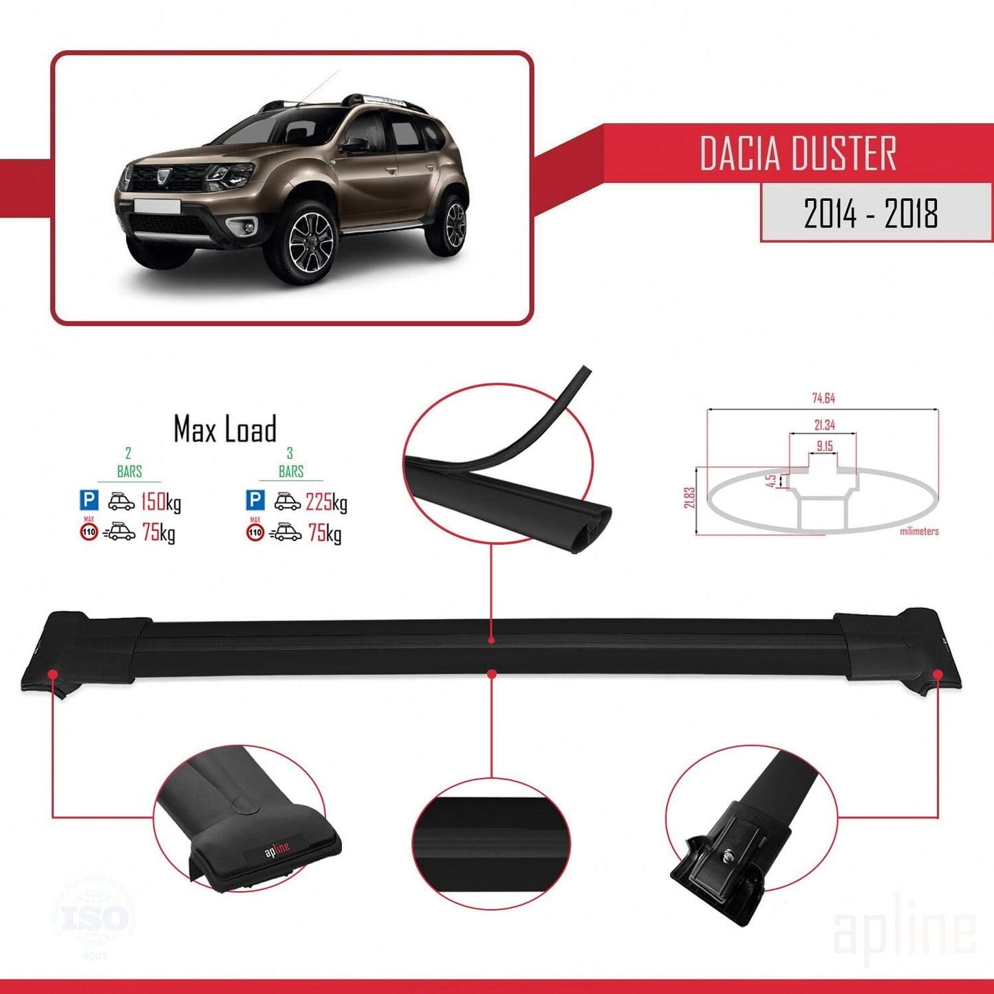 Compatible with Dacia Duster (HS) Post-Facelift 2014-2017 Fly Model Car Roof Rack Cross Bar Black Aluminium 2 Bars