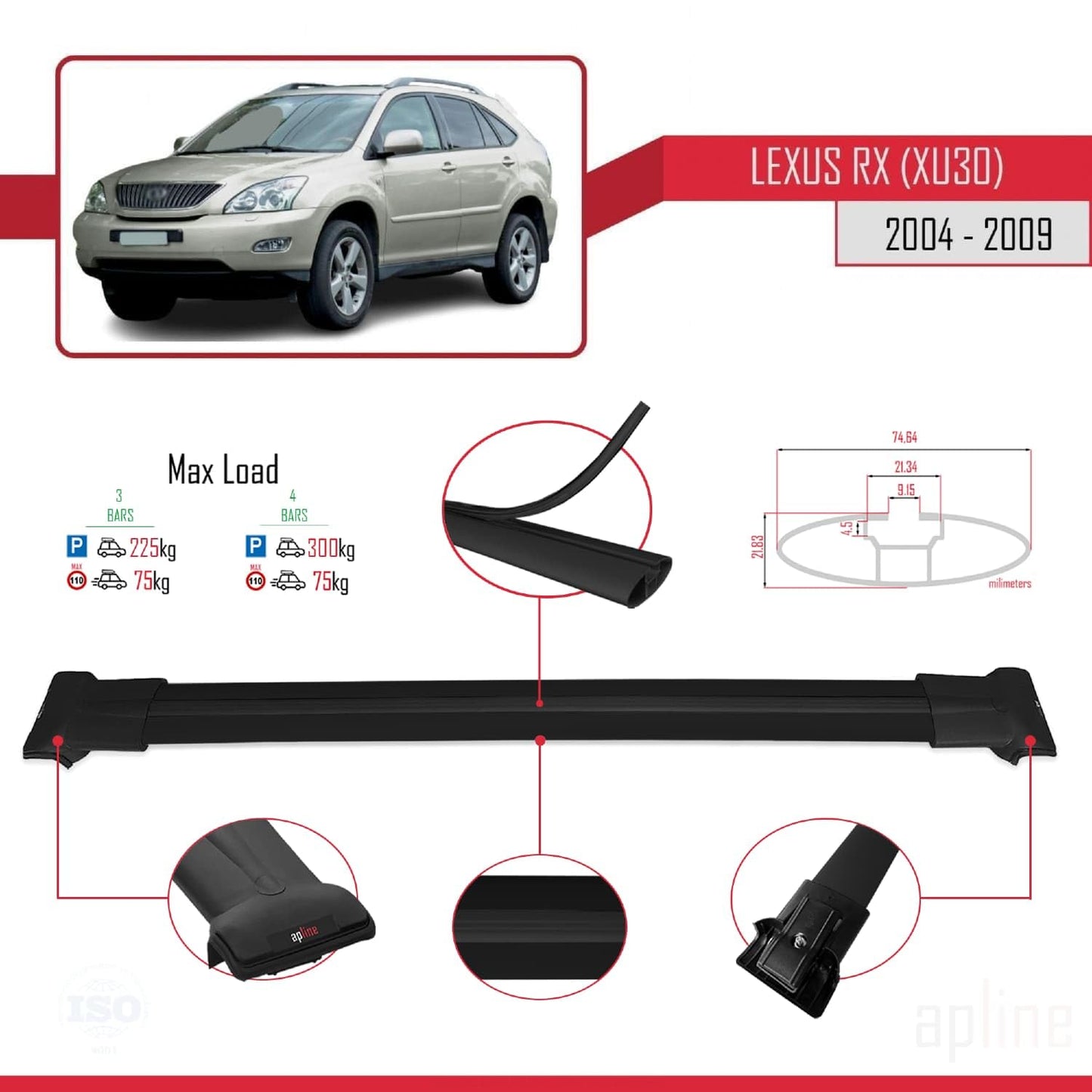 Compatible with Lexus RX 2 (XU30) 2004-2009 Fly Model Car Roof Rack Cross Bar Black Aluminium 3 Bars