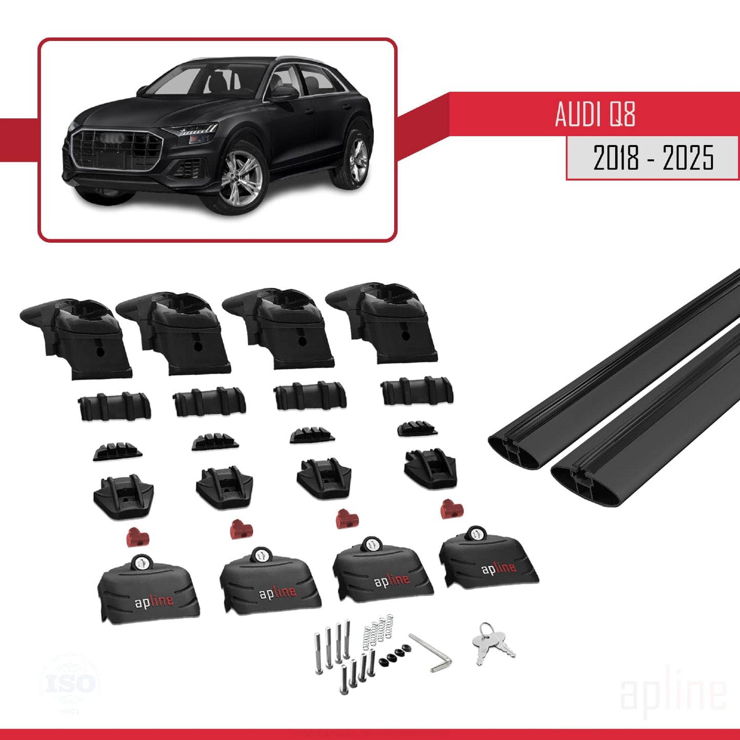 Compatible with Audi Q8 (F1) 2018-2025 ACE-2 Car Roof Rack Cross Bar Black Aluminium 2 Bars