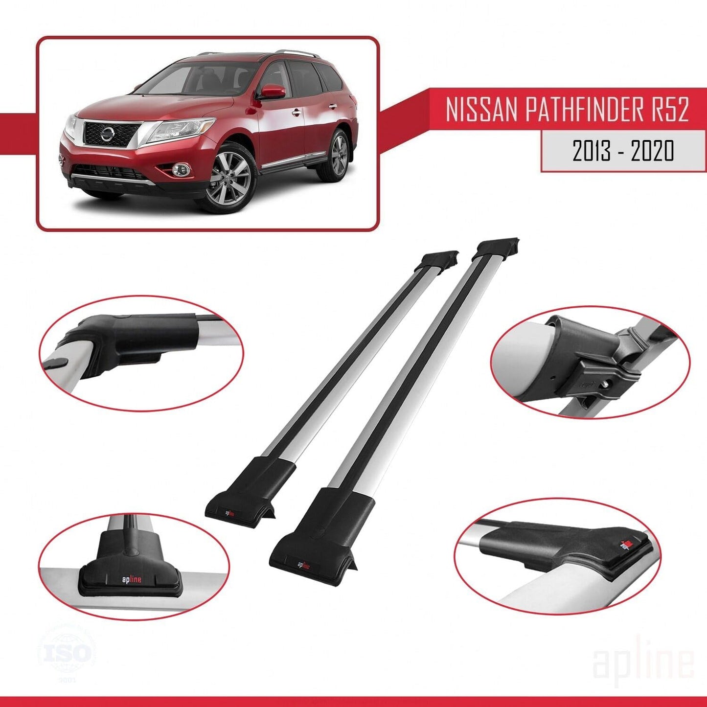 Compatible with Nissan Pathfinder 4 (R52) 2013-2020 Fly Model Car Roof Rack Cross Bar Grey Aluminium 2 Bars