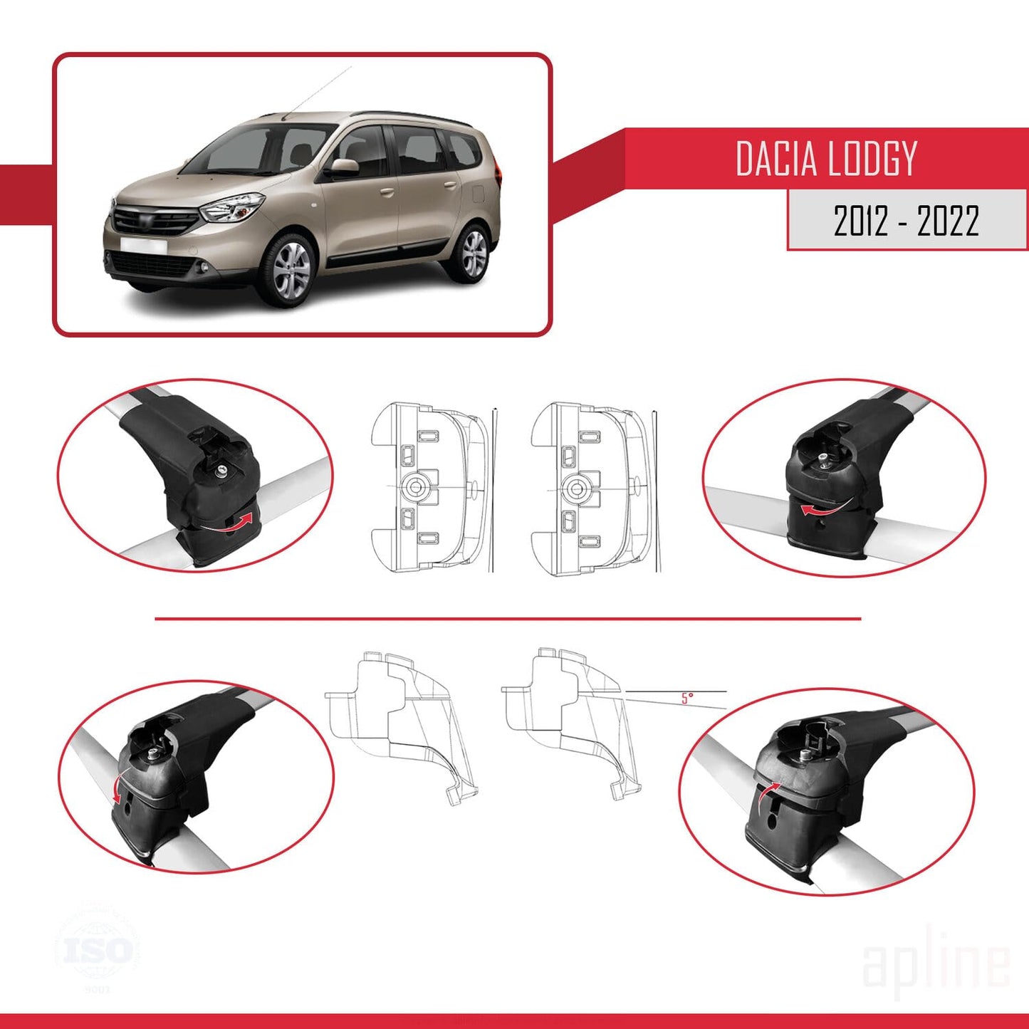 Compatible with Dacia Lodgy (J92) 2012-2022 ACE-2 Car Roof Rack Cross Bar Grey Aluminium 2 Bars